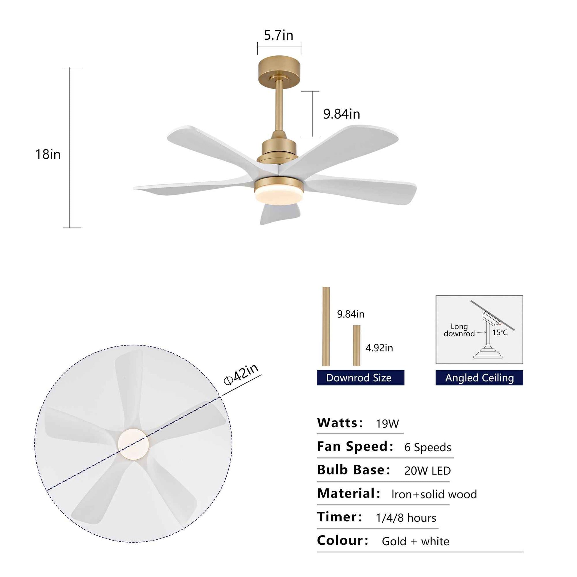 Hot sales 42 Inch Indoor Ceiling Fan With Dimmable LED Light 5 Solid Wood Blades Remote Control Reversible DC Motor