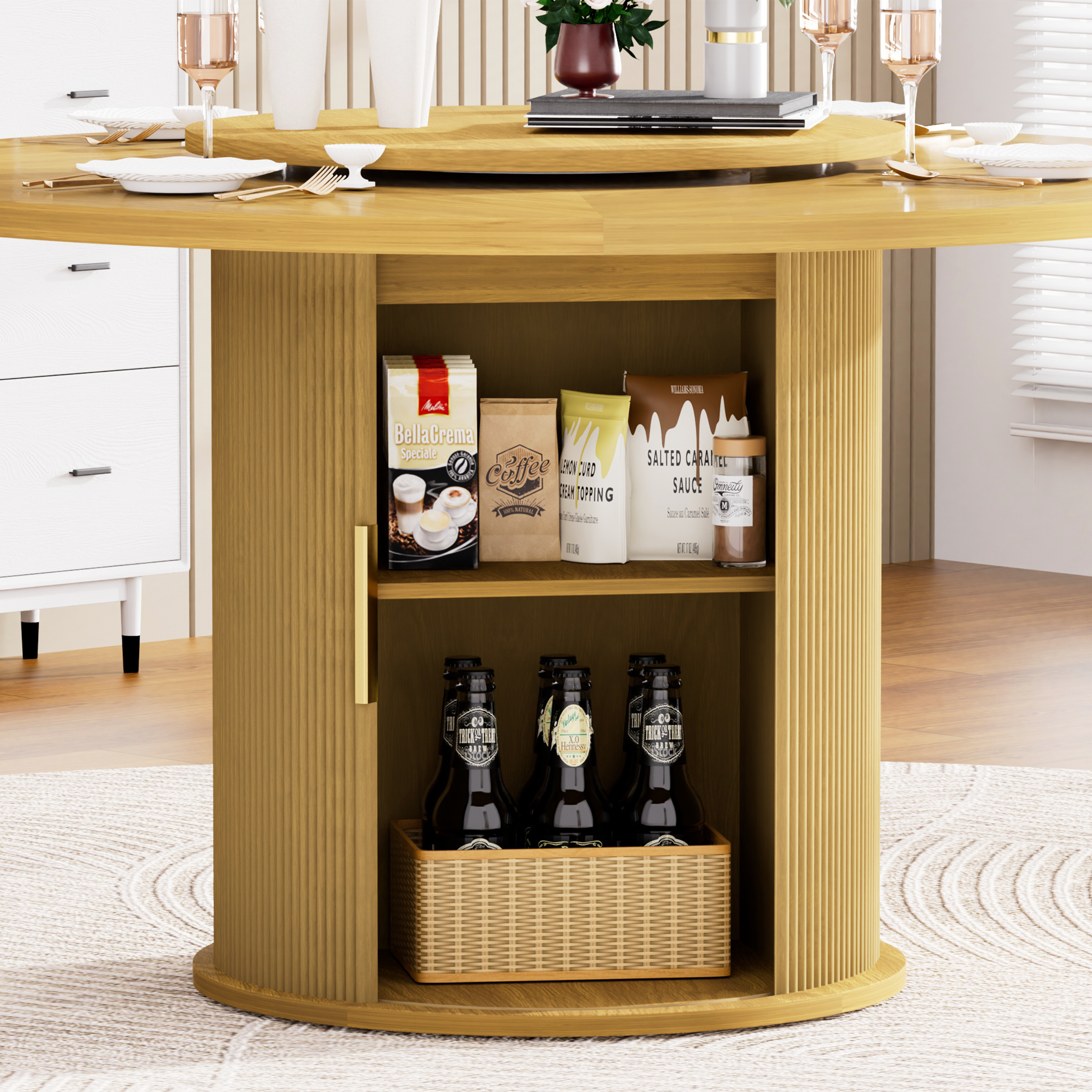 55-inch round dining table for six, featuring a double-tiered storage rack and a rotating tabletop tray. Wooden wavy-striped sliding doors. Ideal for home dining room living room (Natural).