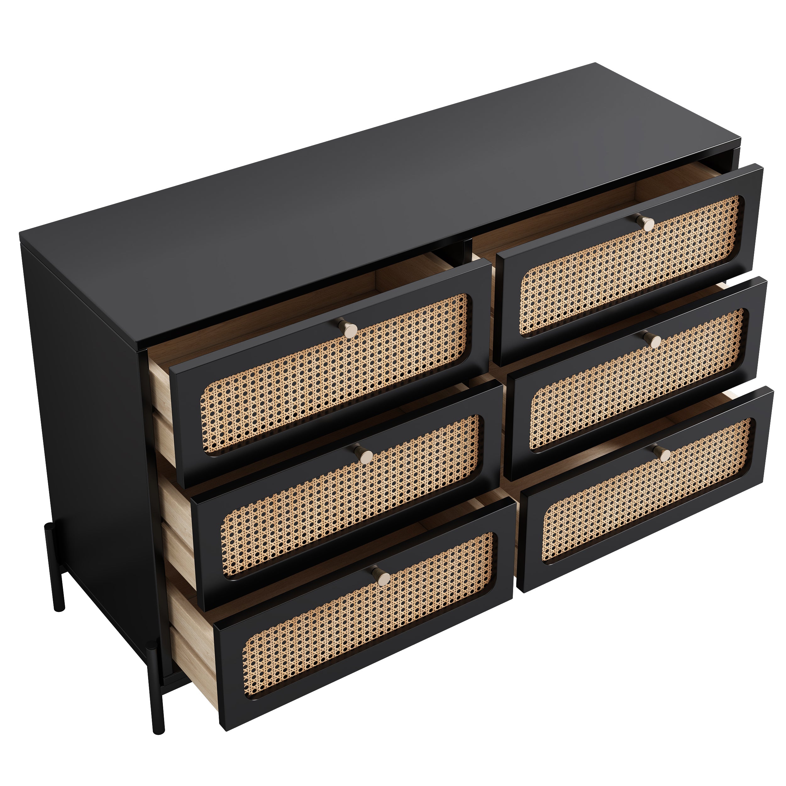 Modern Cannage Rattan Wood Closet 6-Drawer Dresser Wood Storage Cabinet Sideboard for Bedroom, Living Room, Entryway, Hallway, Black (Old SKU:WF303224AAB)