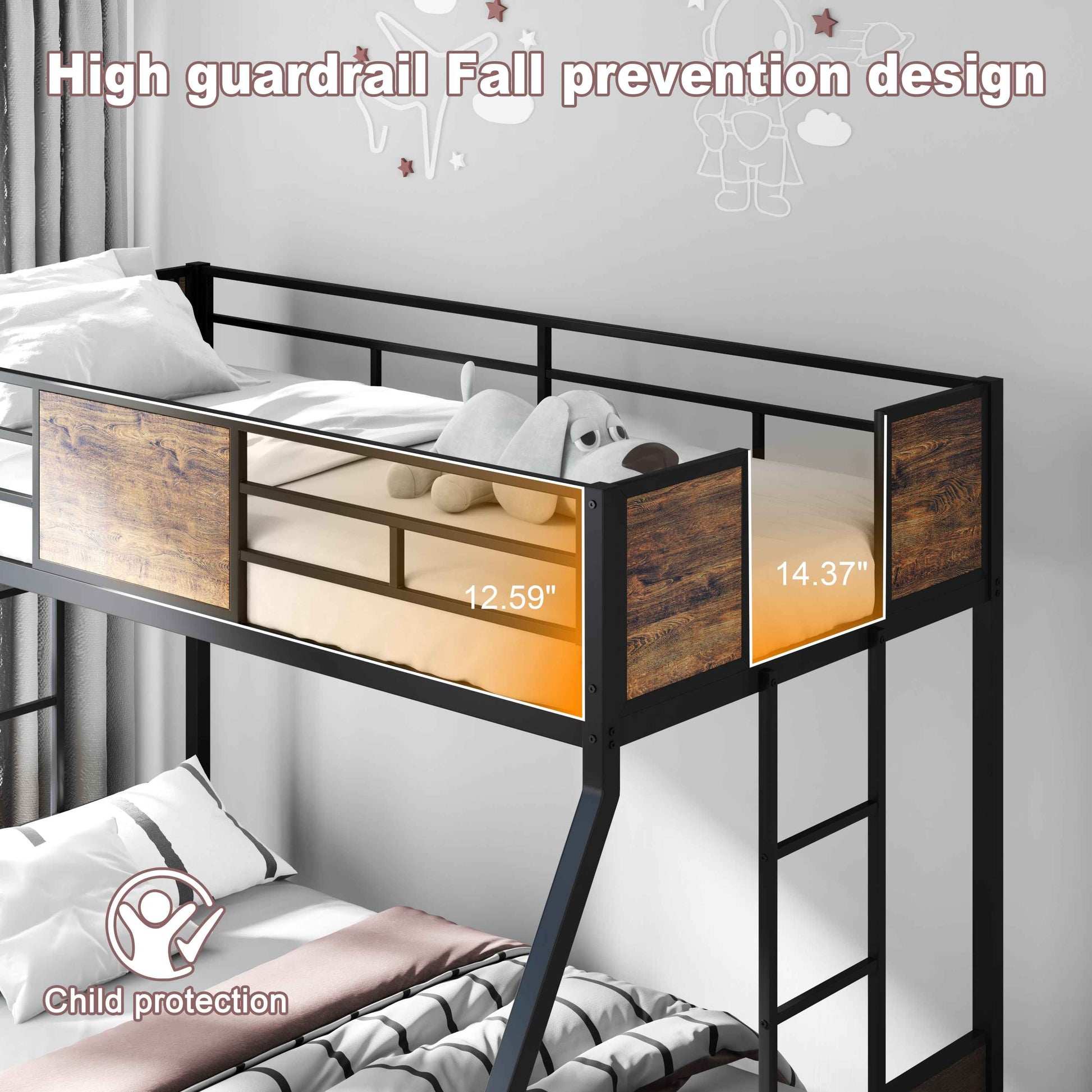 Twin Over Full Bunk Beds with Trundle, Metal Bunk Bed Frame with Safety Guardrail and 2 Ladder for Kids,Sturdy Metal Frame and Protective Board Supports, No Box Spring Needed, Easy Assembly