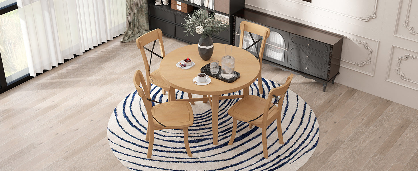 TREXM 5-piece Dining Set, Retro Simple Round Table and 4 Chairs with X-shaped Backrest for Kitchen, Dining Room and Living Room (Natural)