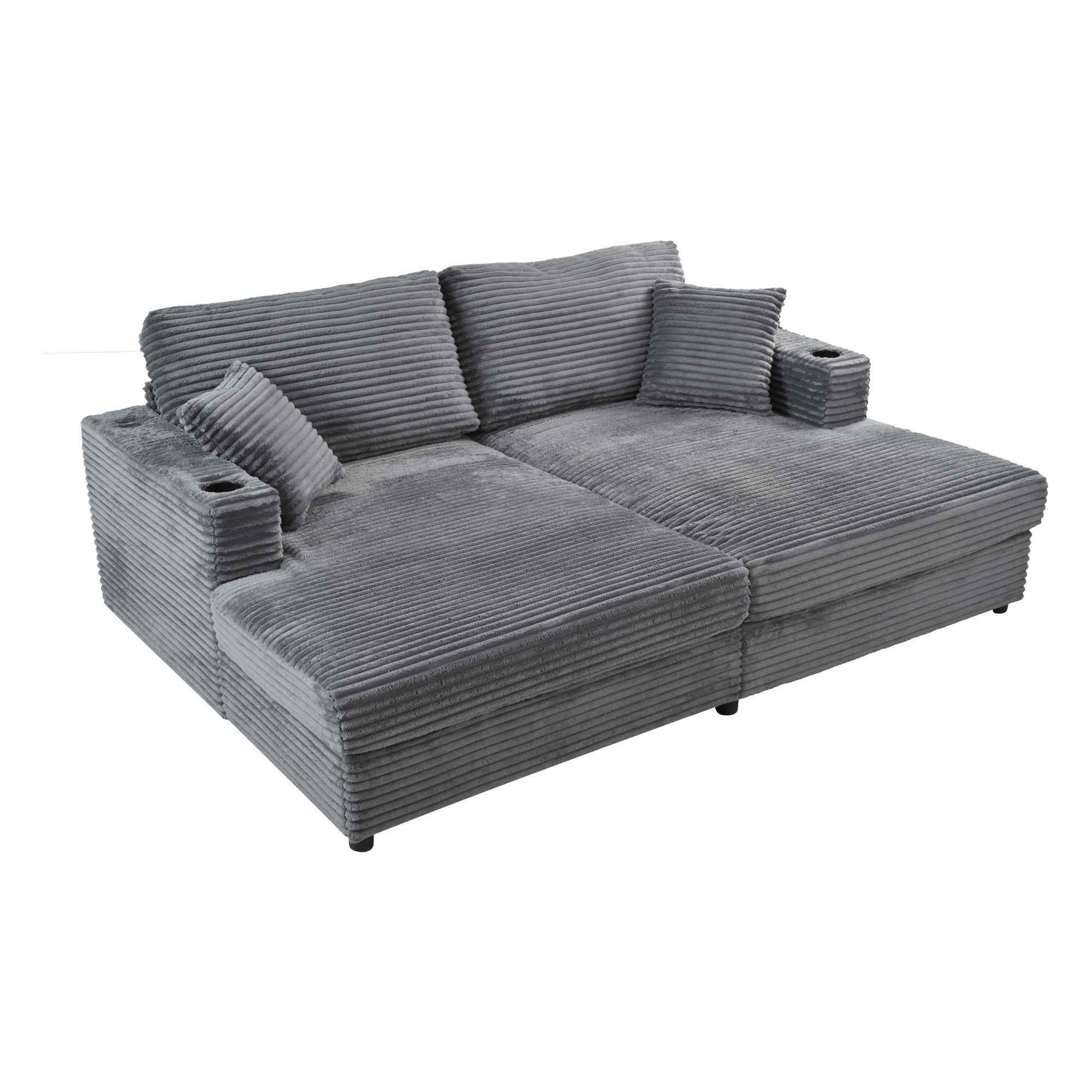 Oversized Loveseat Chaise Lounge Sectional Sofa Bed with USB Ports, Cup Holders, Throw Pillows, Dark Gray Corduroy, 86.5'