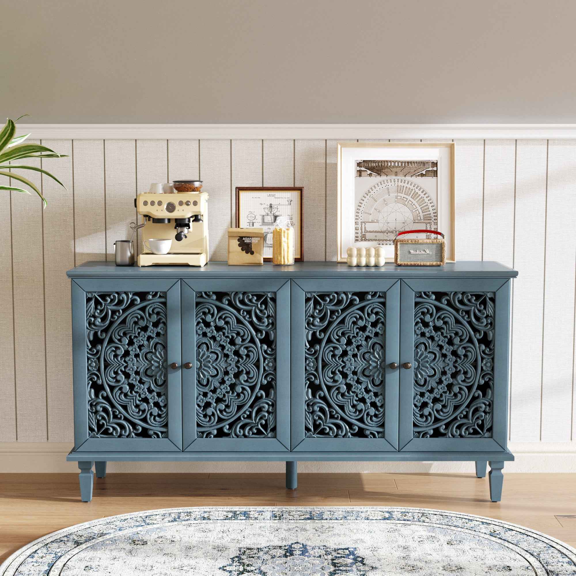 60' Antique Buffet Cabinet with Floral Carvings with Solid Wood Legs&Antique Brass Handles&Adjustable Shelves, TV Stand for 65''+ TV, Sideboard for Living Room,Dining Room (Antique Blue)