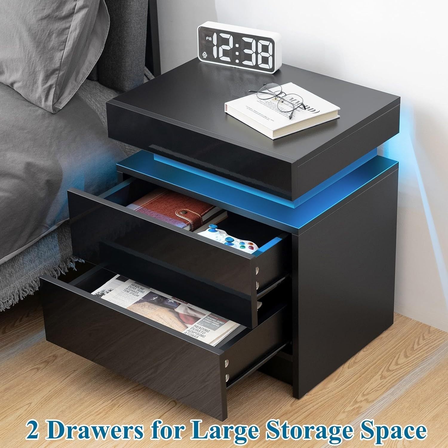 Modern Black LED Nightstand with Led Lights Bedside table with 2 High Gloss Drawers for Bedroom