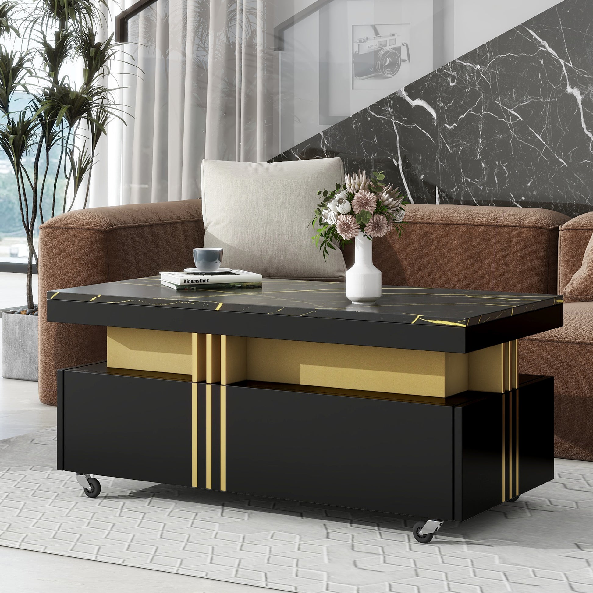 [VIDEO provided] ON-TREND Contemporary Coffee Table with Faux Marble Top, Rectangle Cocktail Table with Caster Wheels, Moderate Luxury Center Table with Gold Metal Bars for Living Room, Black - Abrihome