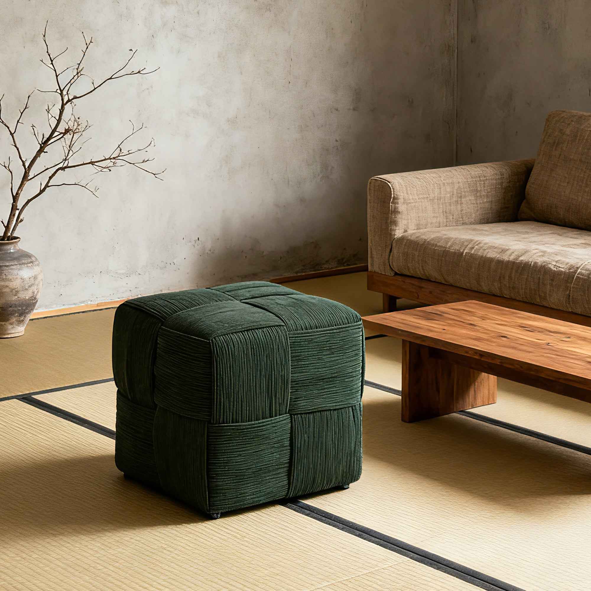 Ottoman Foot Rest Soft and Comfortable Ottoman Square Corduroy Woven Design Sofa Stool (Green)