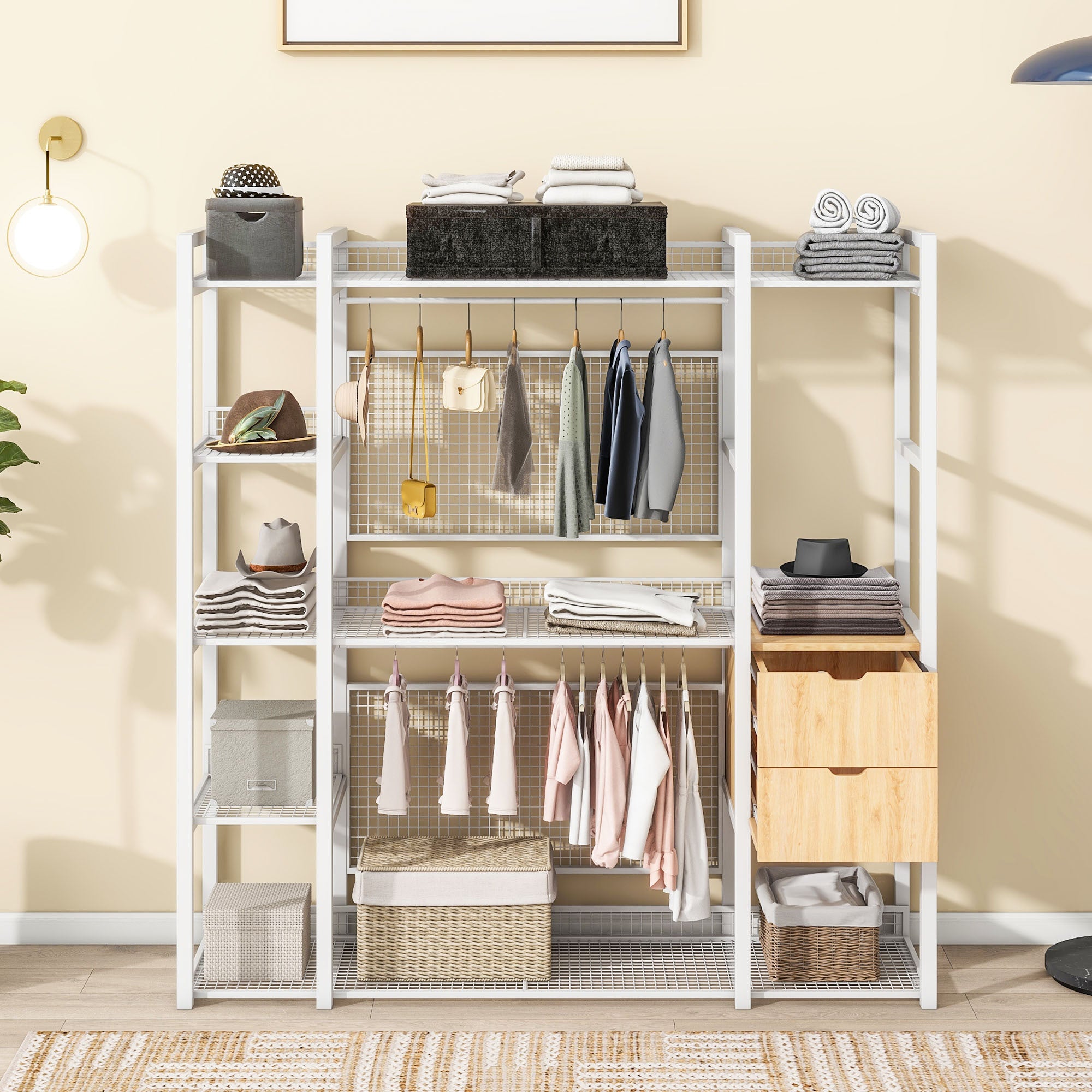 Open-Style Wardrobe with Hanging Rails, Shelves and Drawers, White