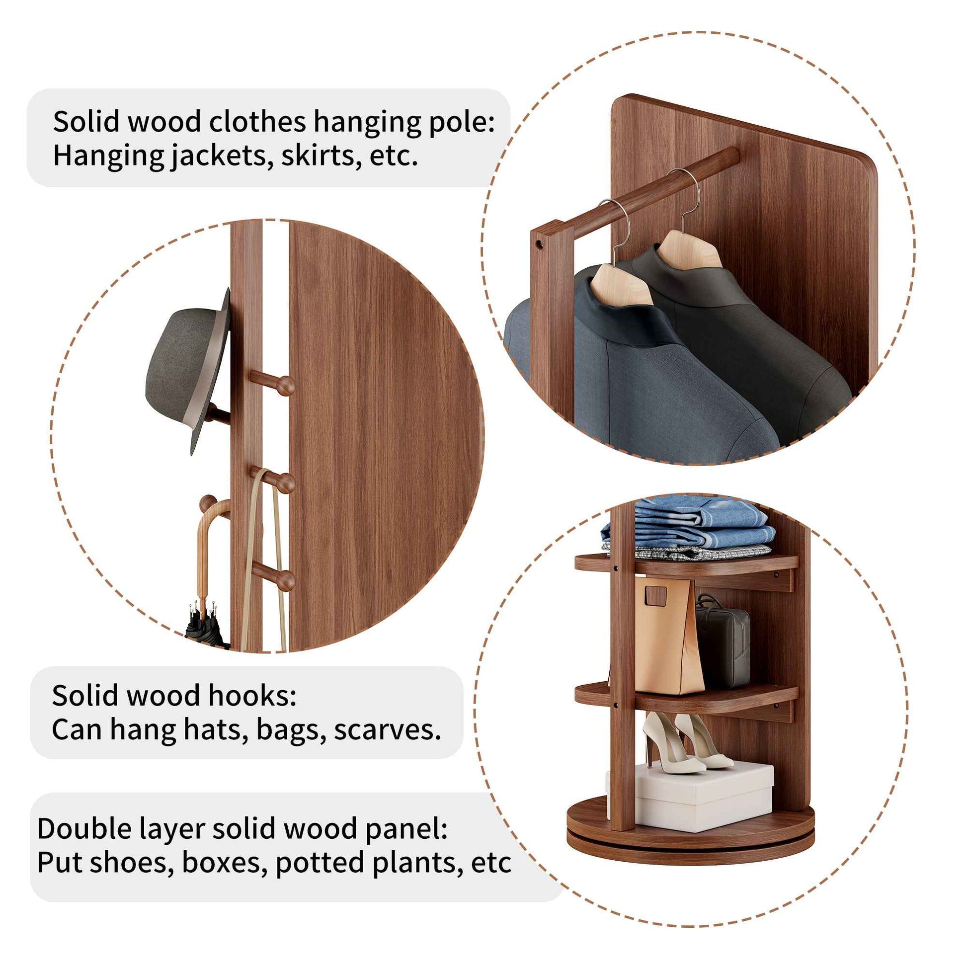 360° Rotating 69'x16' Multifunctional Full Length Mirror with Hook Storage Rack Coat Rack with Mirror Solid Wood Floor Mirror Bedroom Living Room Cloakroom Space Saving (walnut)