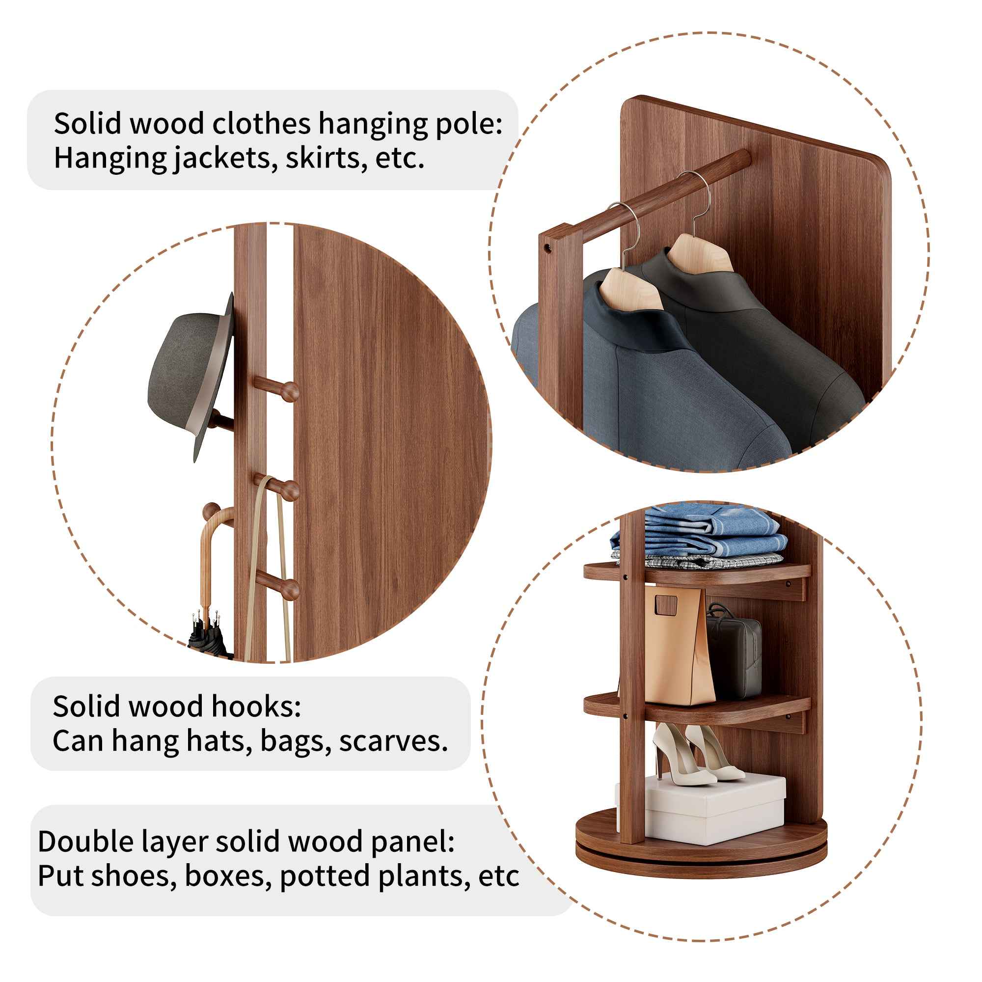 360° Rotating 69'x16' Multifunctional Full Length Mirror with Hook Storage Rack Coat Rack with Mirror Solid Wood Floor Mirror Bedroom Living Room Cloakroom Space Saving (walnut)