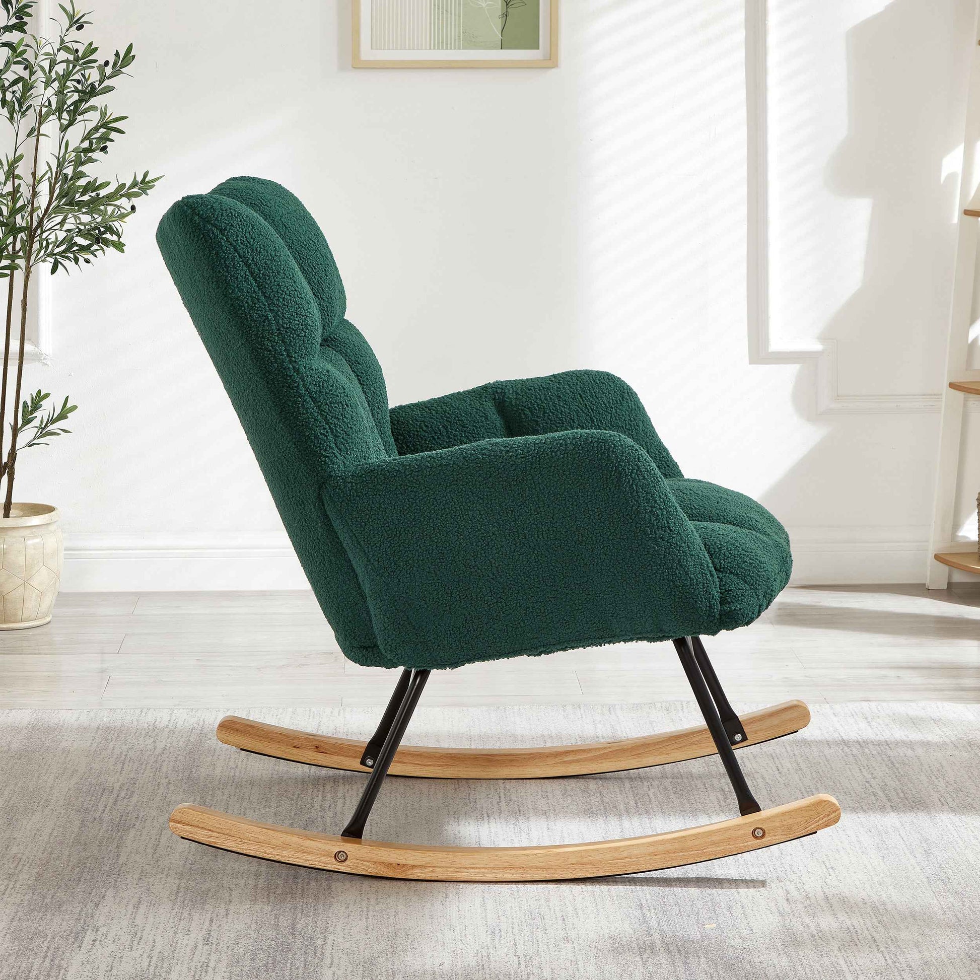 Glider Chair for Living Room Tufted Upholstered Teddy Fabric Rocking Chair with Metal Frame Accent Chair Green