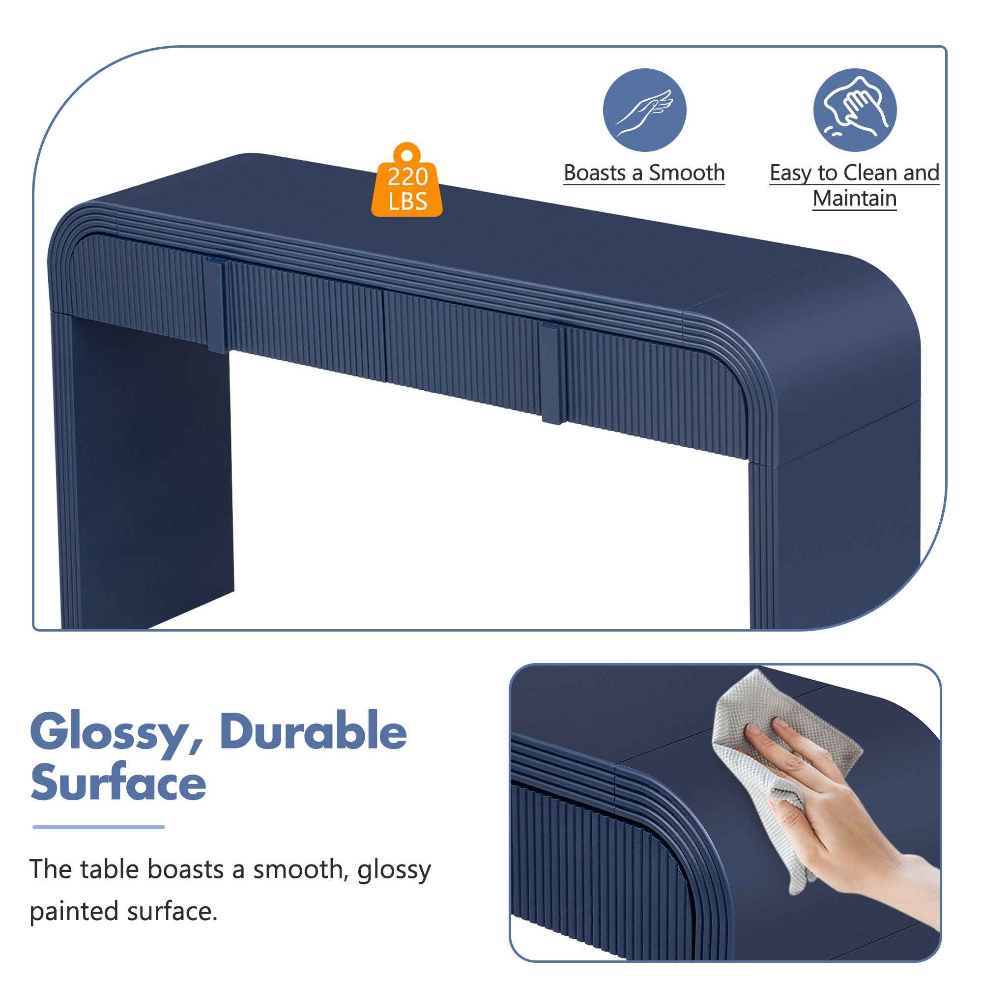TREXM Modern Console Table with 2 Storage Drawers, Fluted Entryway Table with Rounded Silhouette for Hallway Living Room and Entryway (Navy Blue)