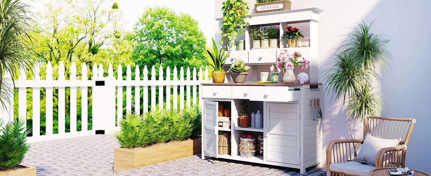 [Assembly Video Provided] TOPMAX 65.7'' H Tall Garden Potting Bench Table with Hutch,Patio Storage Workstation with 3 Shelves,6 Drawers,2 Bottom Cabinets&Side Hooks for Mudroom,Doorway, White