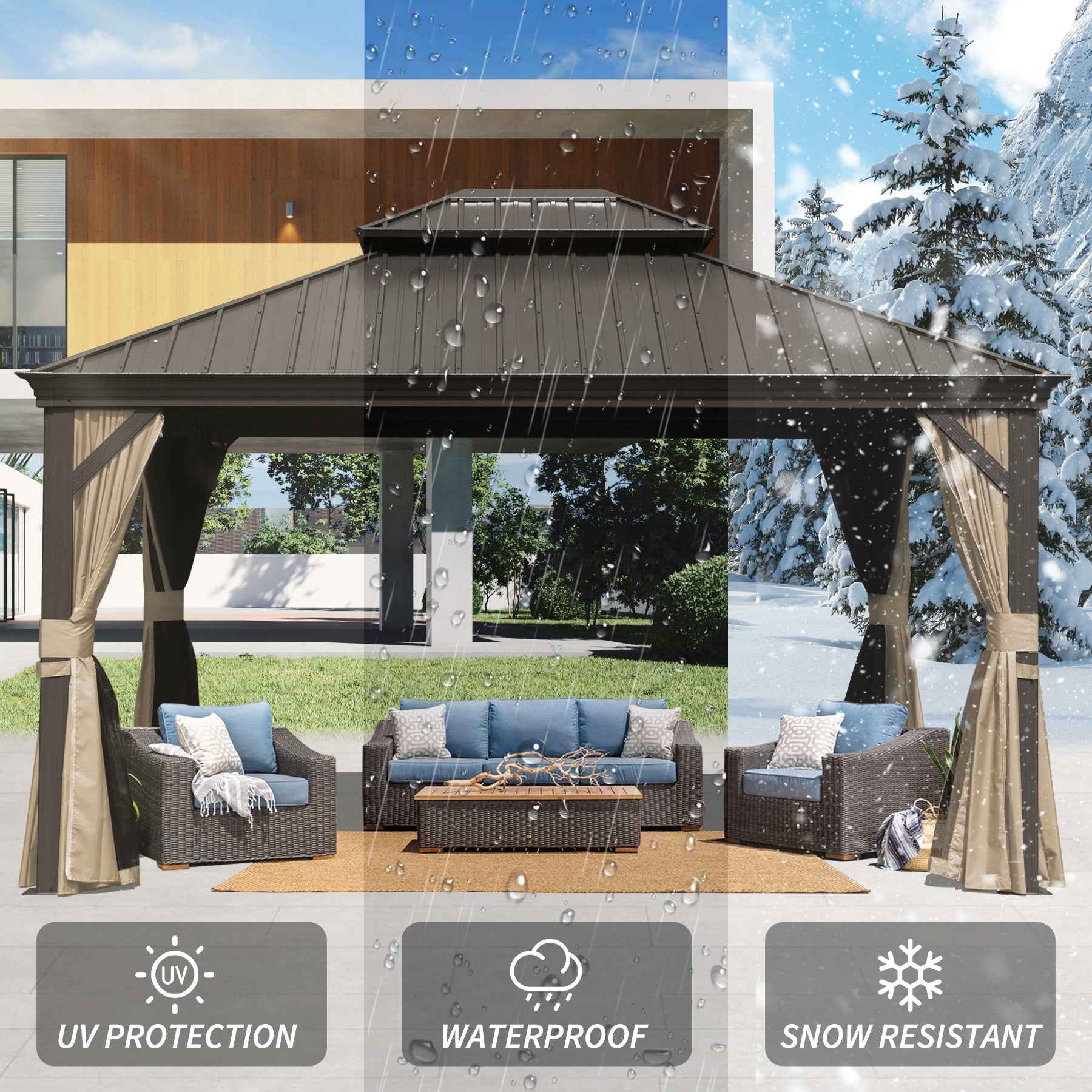 10' X 14' Hardtop Gazebo Permanent Outdoor Gazebo with Galvanized Steel Double Roof, Aluminum Frame, Curtains and Netting for Patio Lawn and Garden, Brown
