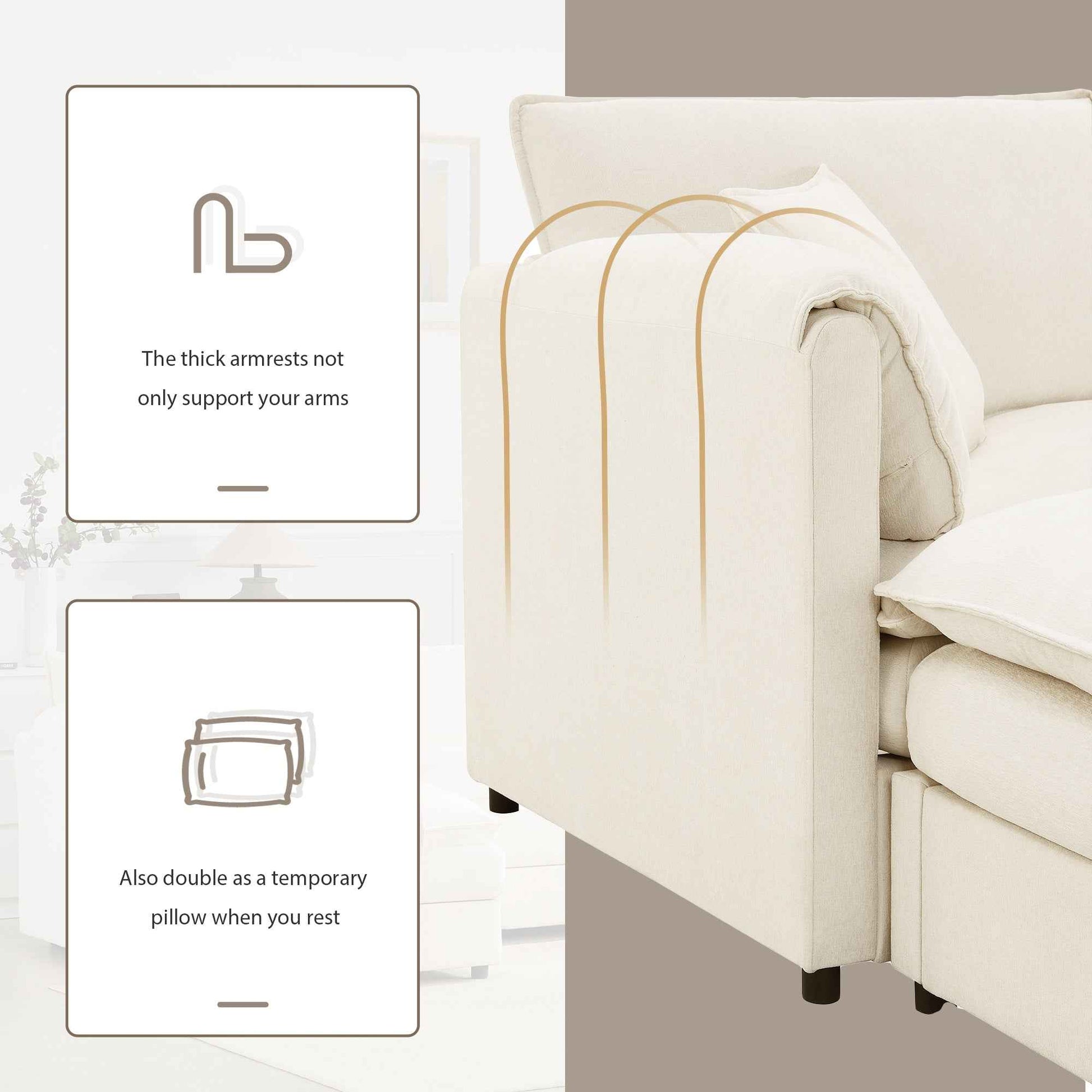 Chenille Modular Sectional Sofa with Deep Seat and Movable Ottoman in Cream