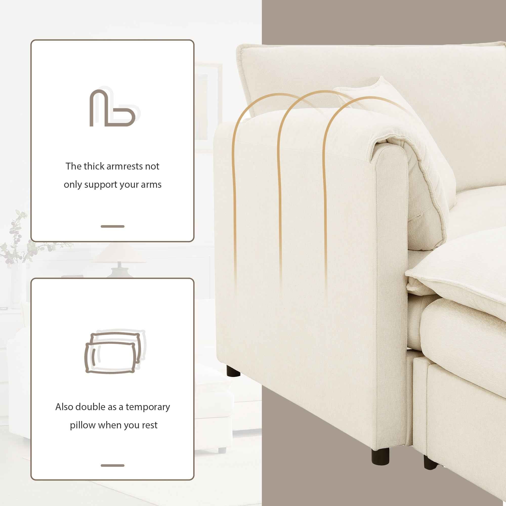 Chenille Modular Sectional Sofa with Deep Seat and Movable Ottoman in Cream