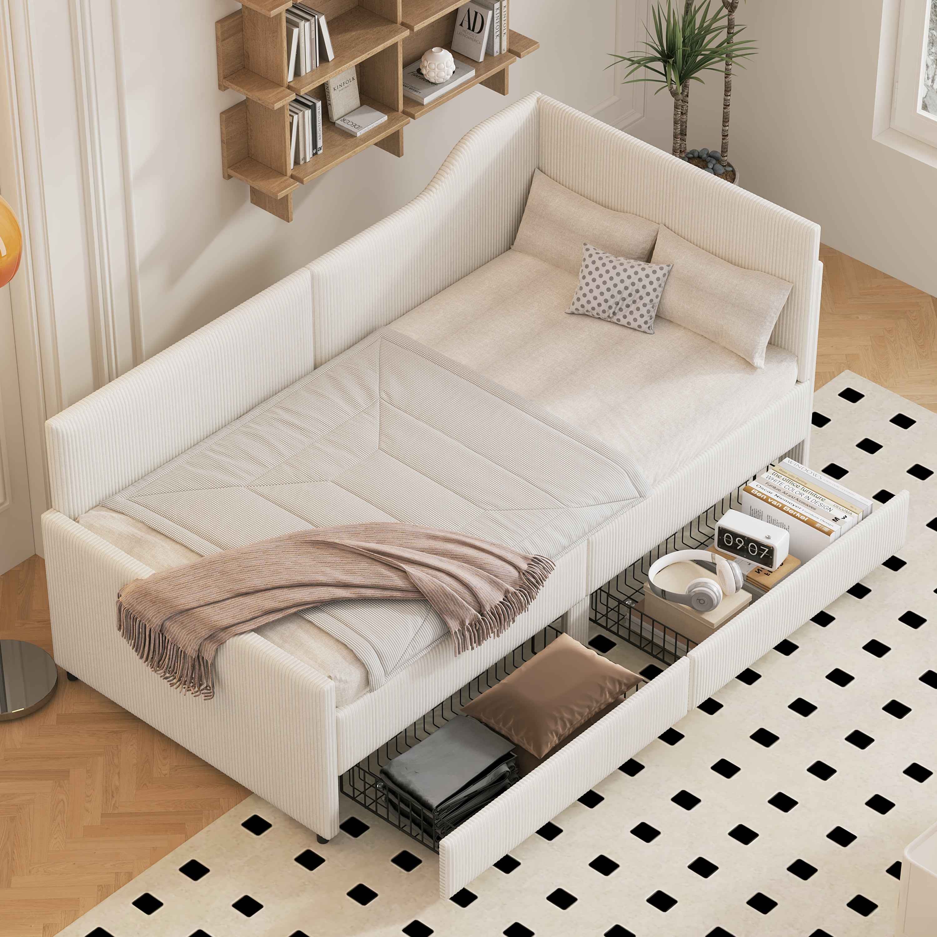 Twin Size L-Shaped Corduroy Daybed,Upholstered Bed Frame with  2 Storage Drawers, Beige