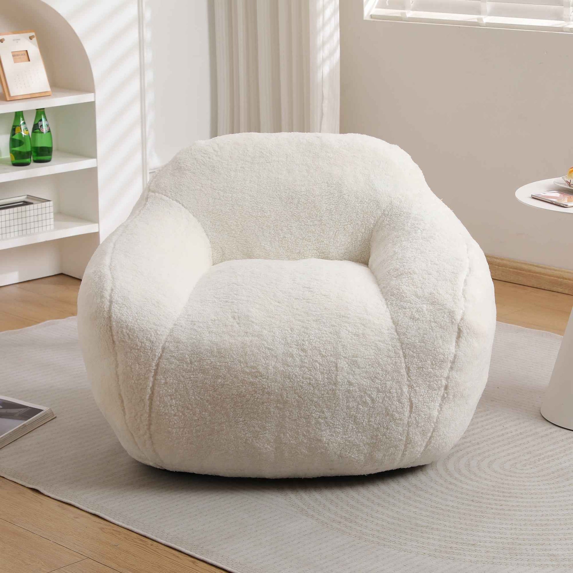Giant Bean Bag Chair for Adults, Spacious Memory Foam Bean Bag Sofa with Armrests in Off White Teddy Fabric, Comfy Seating for Living Room or Bedroom