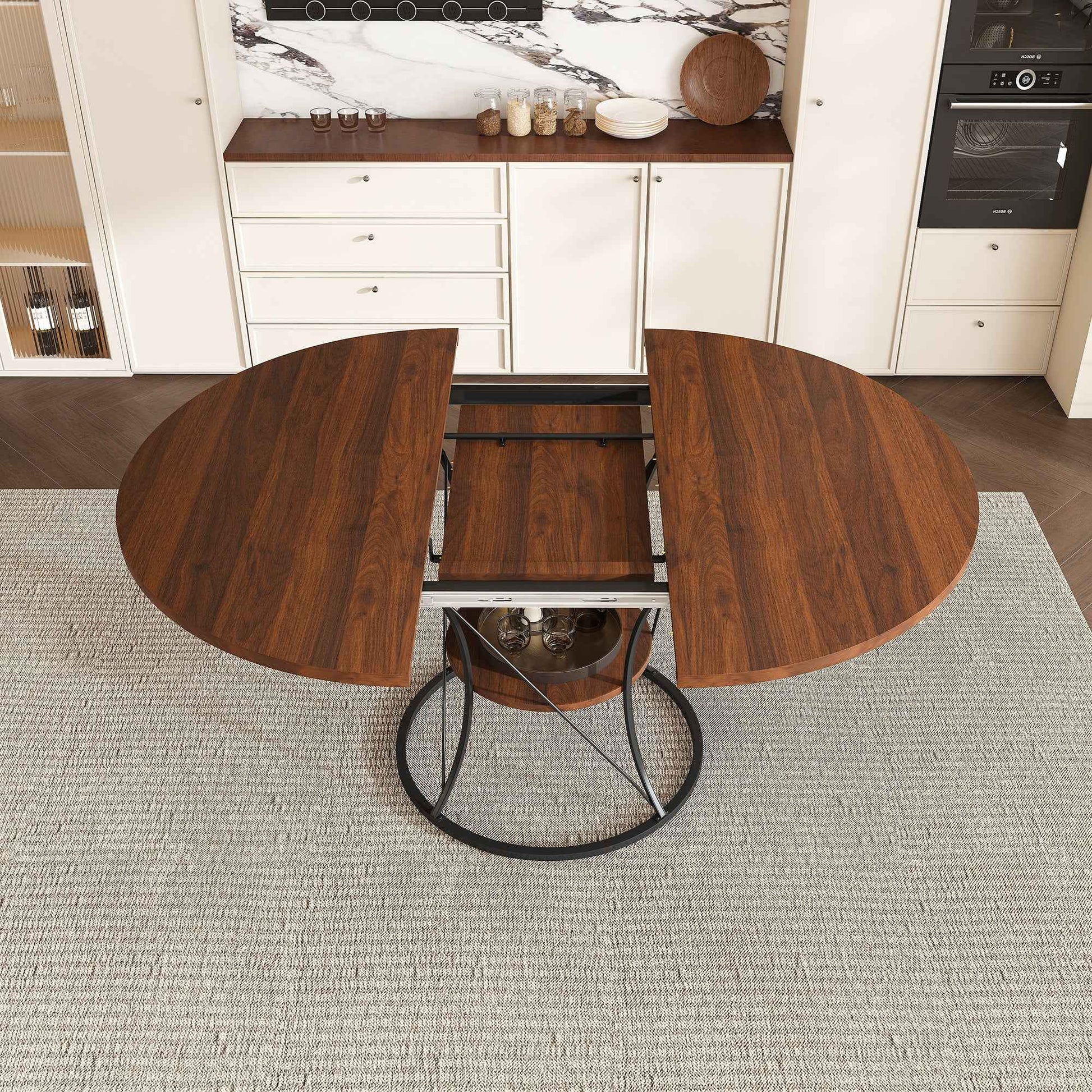 43 inch Round Dining Table for 4-6, Expandable Farmhouse Kitchen Table with Storage Shelf & Metal Base, Brown & Black Extendable Wood Table from 43 to 59 inch, Large Round Table for Home (No Chairs)