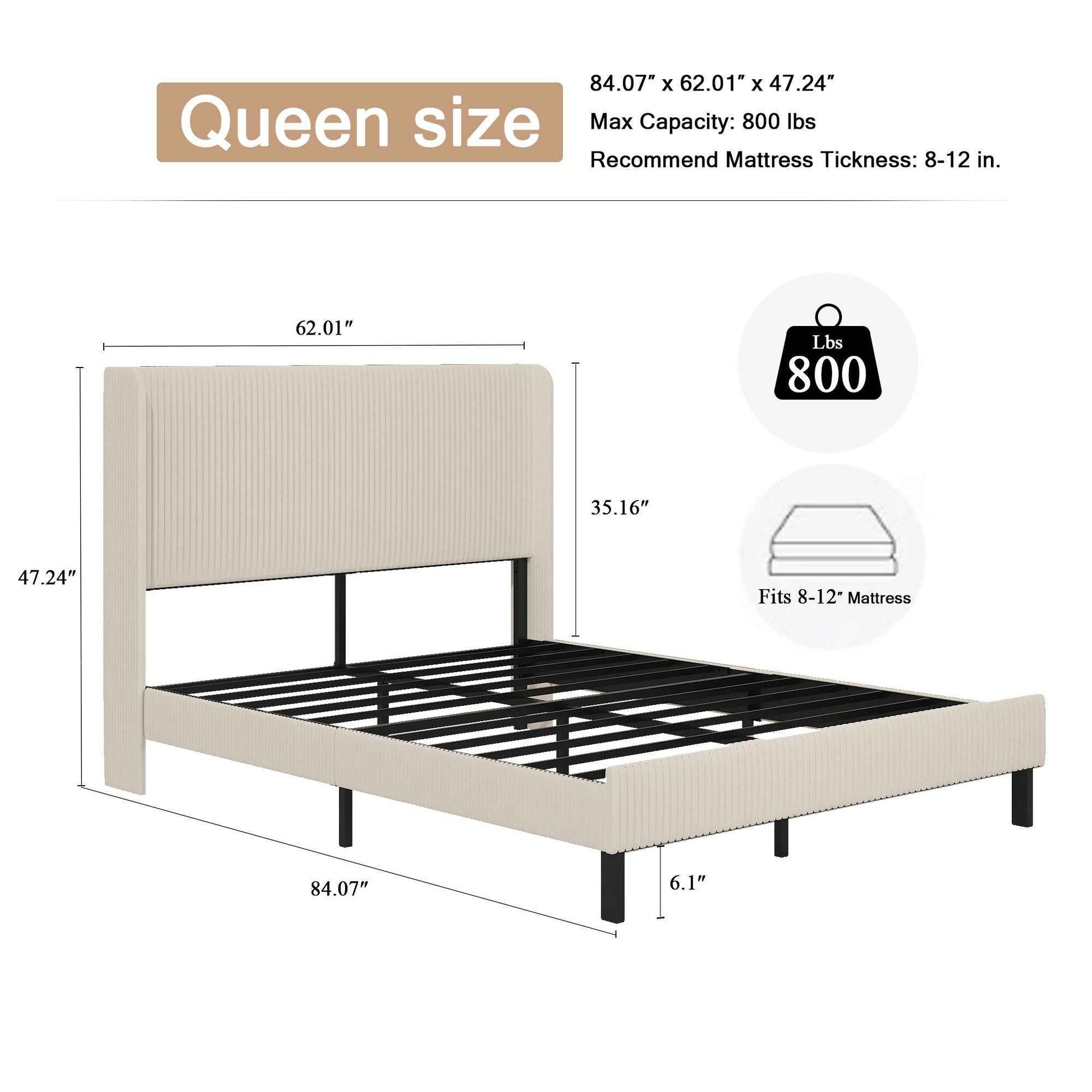 Modern Beige Queen Size Platform Bed with Metal Frame and Charging Station