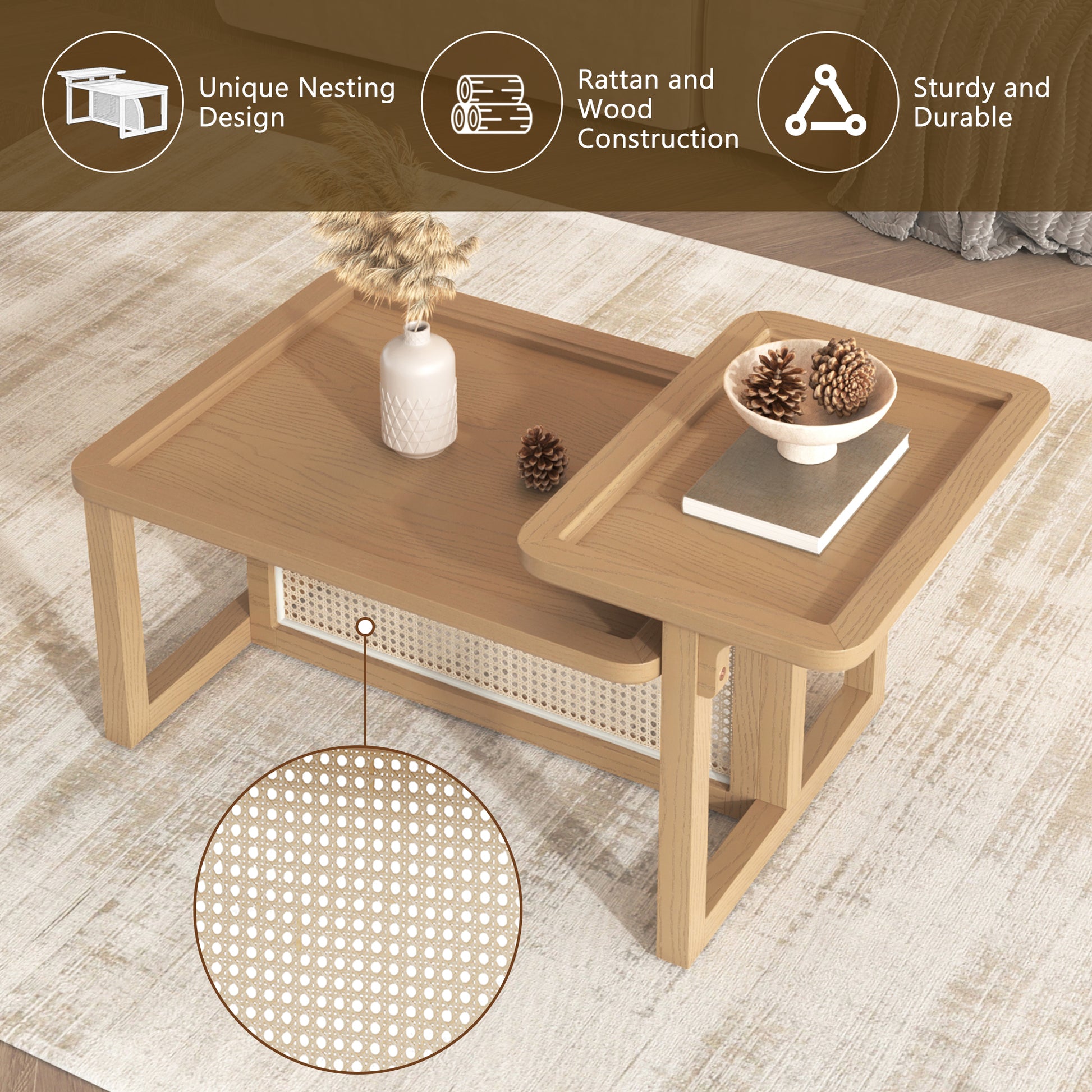 Modern 2 Piece Nesting Rattan Wood+ MDF Coffee Table Set in Natural - Abrihome