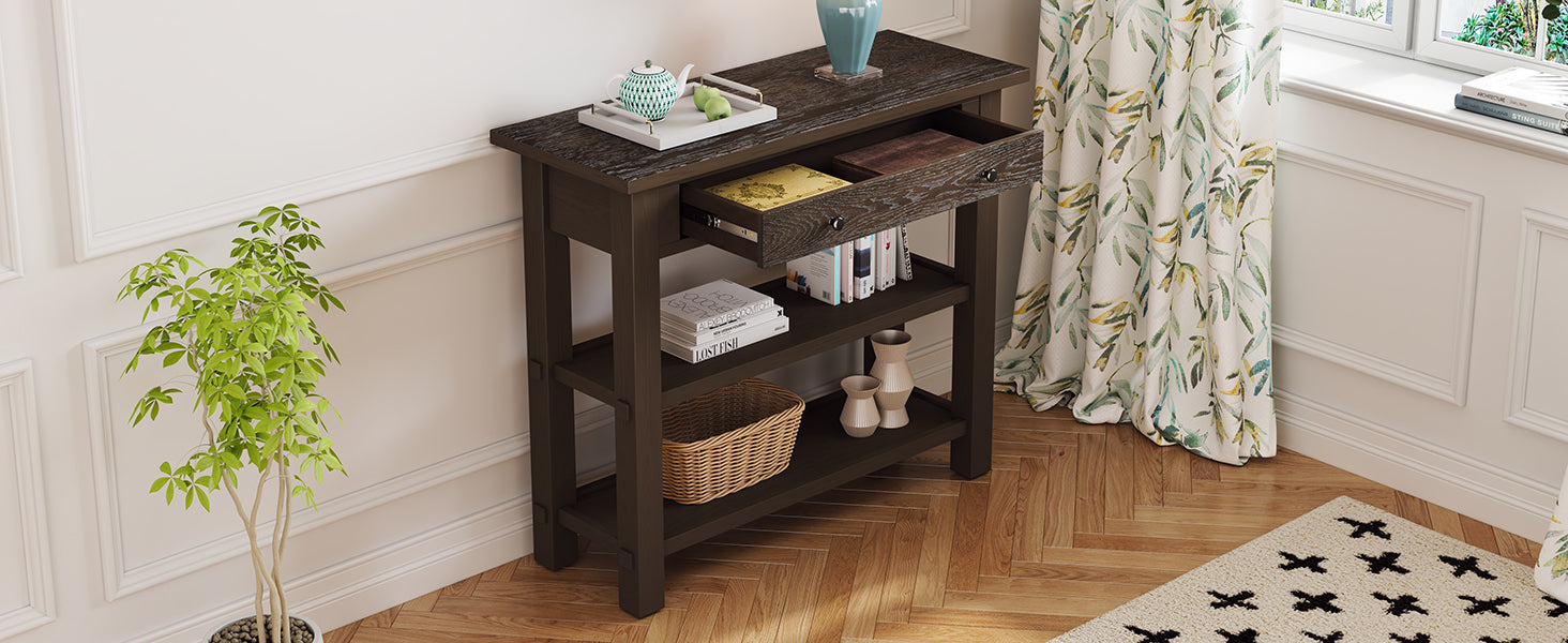 TREXM Retro Console Table with Drawer and Two Sturdy Shelves for Entryway, Living Room (Espresso)