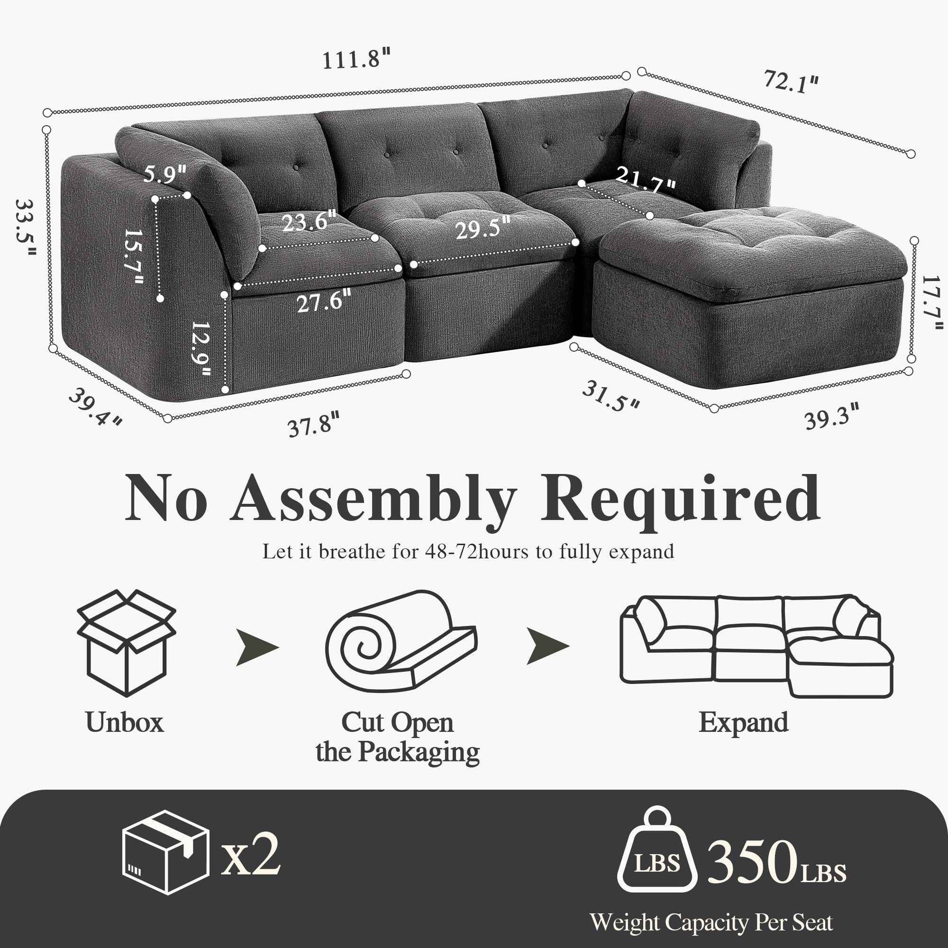 Modern Cloud-style Living Room Sofa, Deep Seat Convertible L-shaped Frame-free Sofa (with Ottoman), Oversized Comfortable 4-seater Chenille Fabric Compressed Sofa, Modular Sectional Sofa