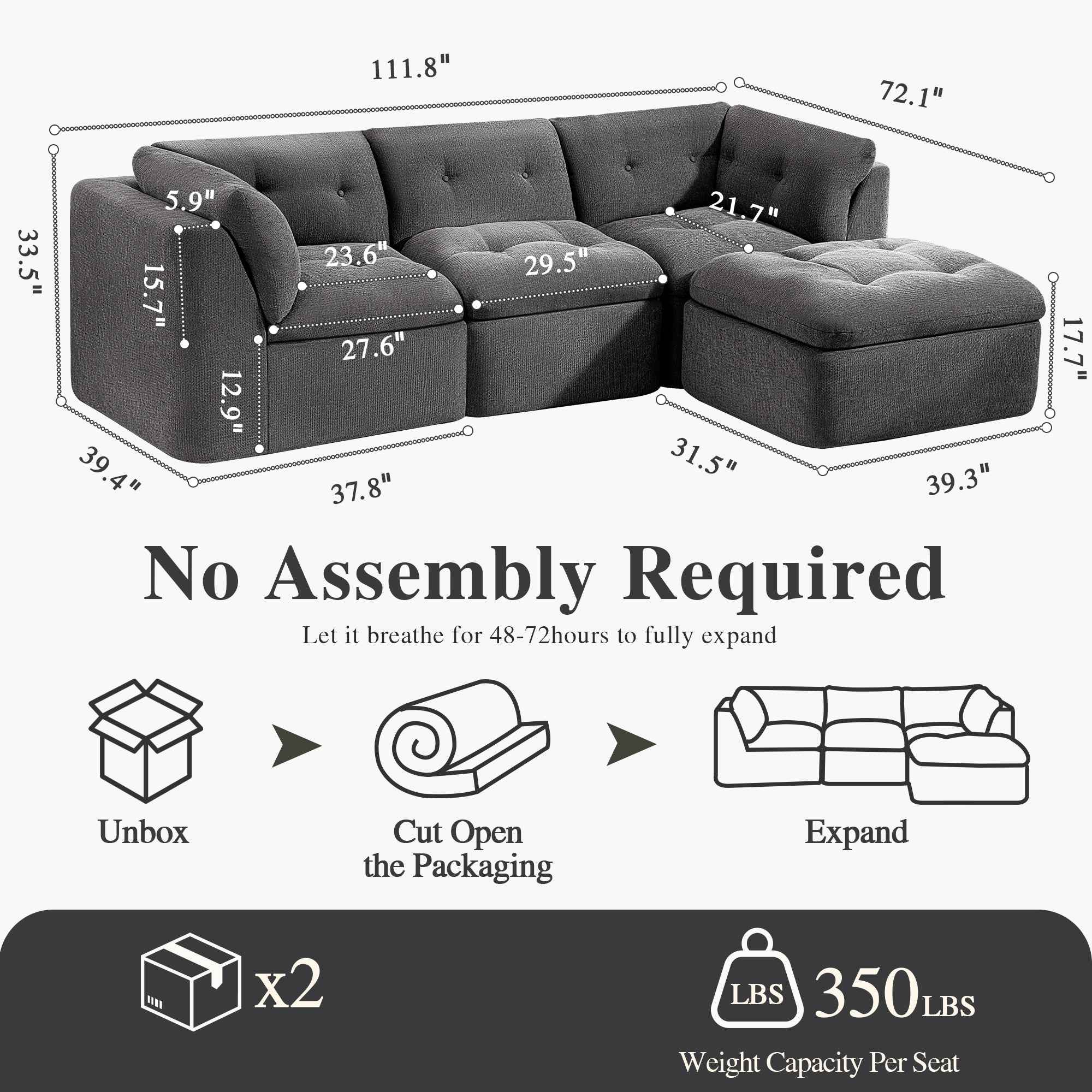 Modern Cloud-style Living Room Sofa, Deep Seat Convertible L-shaped Frame-free Sofa (with Ottoman), Oversized Comfortable 4-seater Chenille Fabric Compressed Sofa, Modular Sectional Sofa