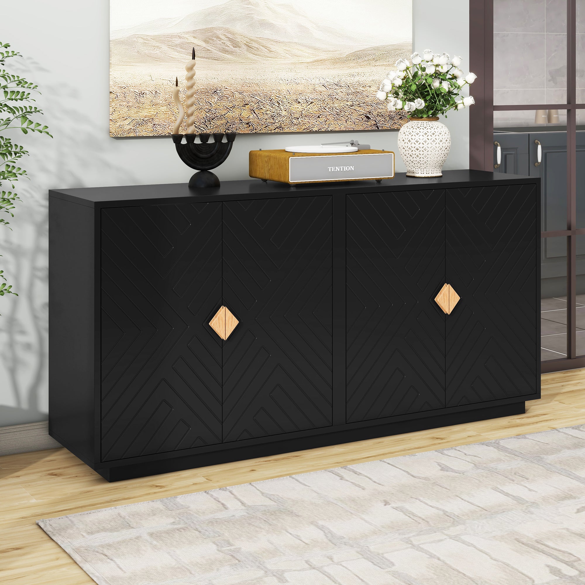 TREXM Modern Functional Large Storage Space Sideboard with Wooden Triangular Handles and Adjustable Shelves for Living Room and Dining Room (Black)