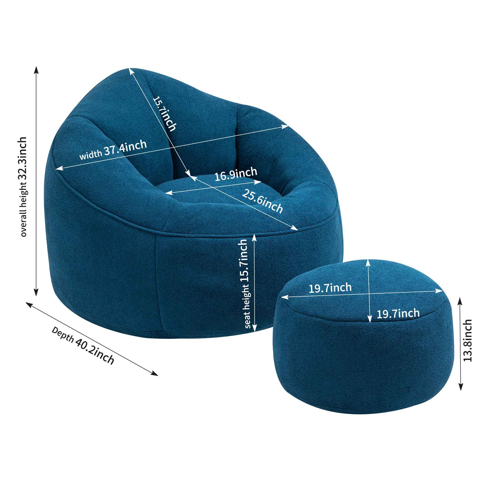 Bedding Bean Bag Sofa Chair with High-Pressure Foam and Footrest, Blue Microfiber