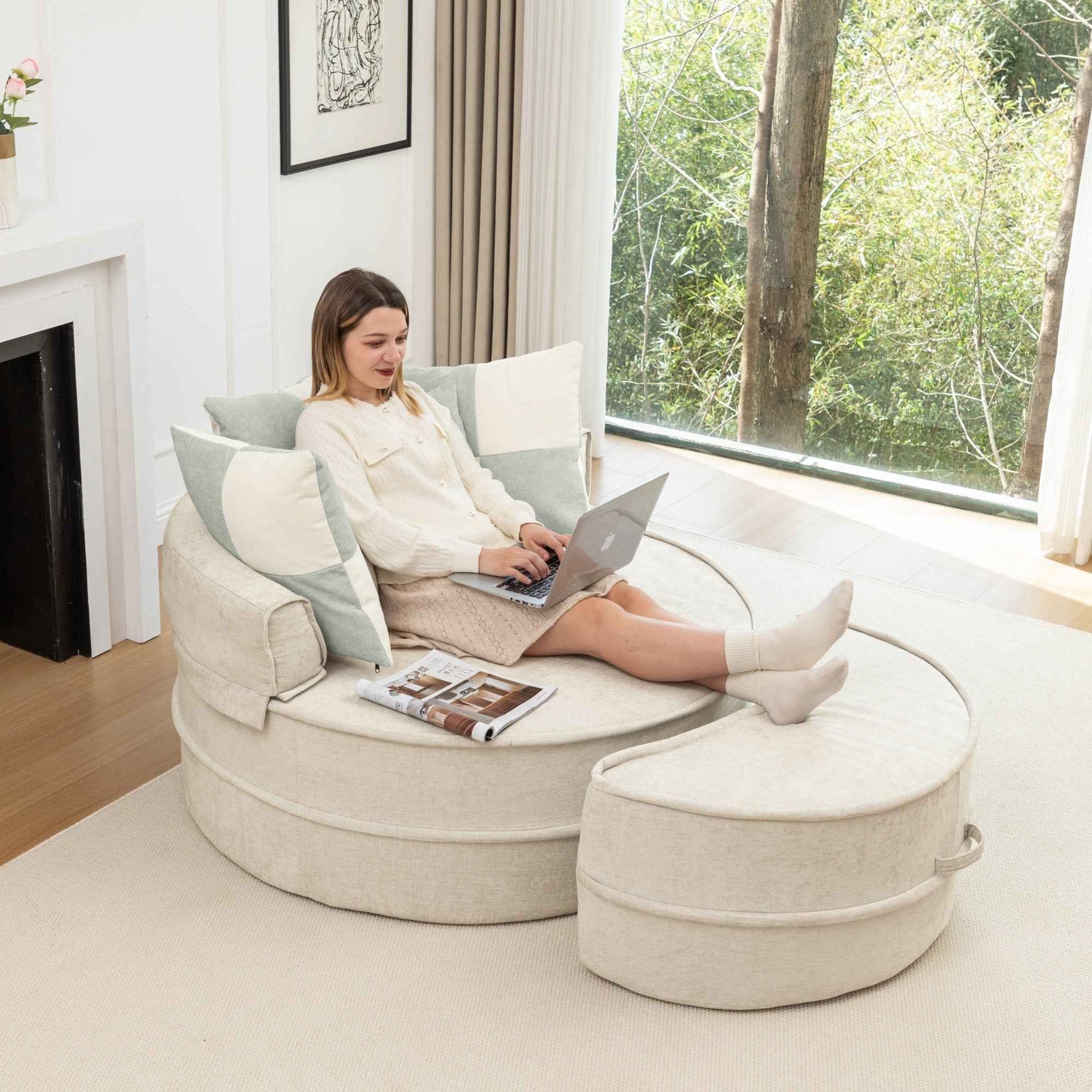 Modern Oversized Beige Round Barrel Accent Chair with Ottoman - Velvet Upholstered Lounge Armchair with 5 Pillows for Living Room or Bedroom