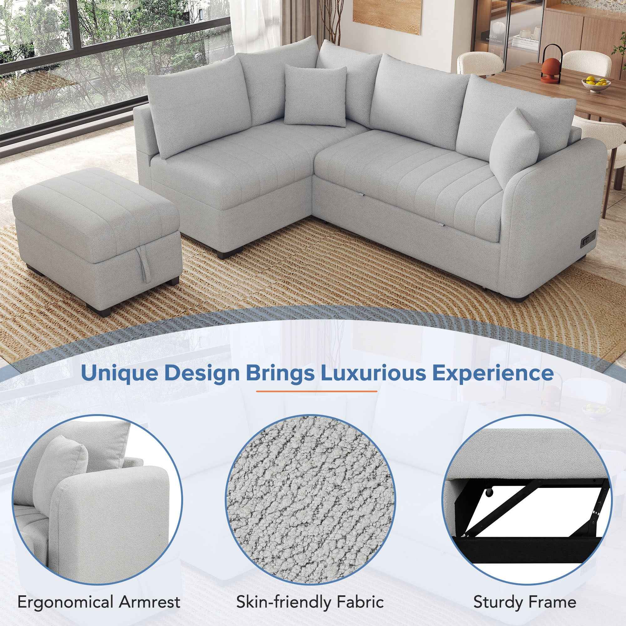 Modern L-shaped Sectional Pull Out Sofa Bed with USB Ports & Storage Ottoman, Gray Jacquard Fabric, 82.6'
