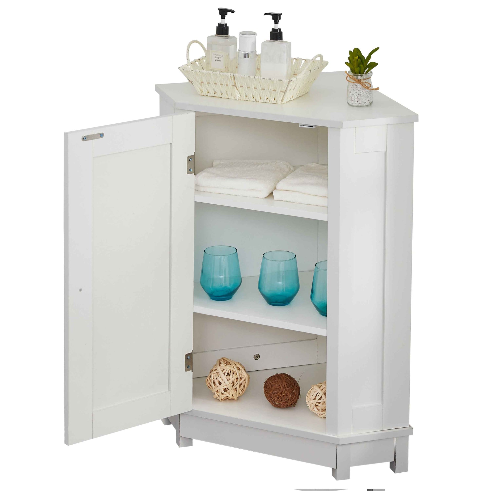 White Bathroom Cabinet Triangle Corner Storage Cabinet with Adjustable Shelf Modern Style MDF Board (Old SKU:WF291477AAK)