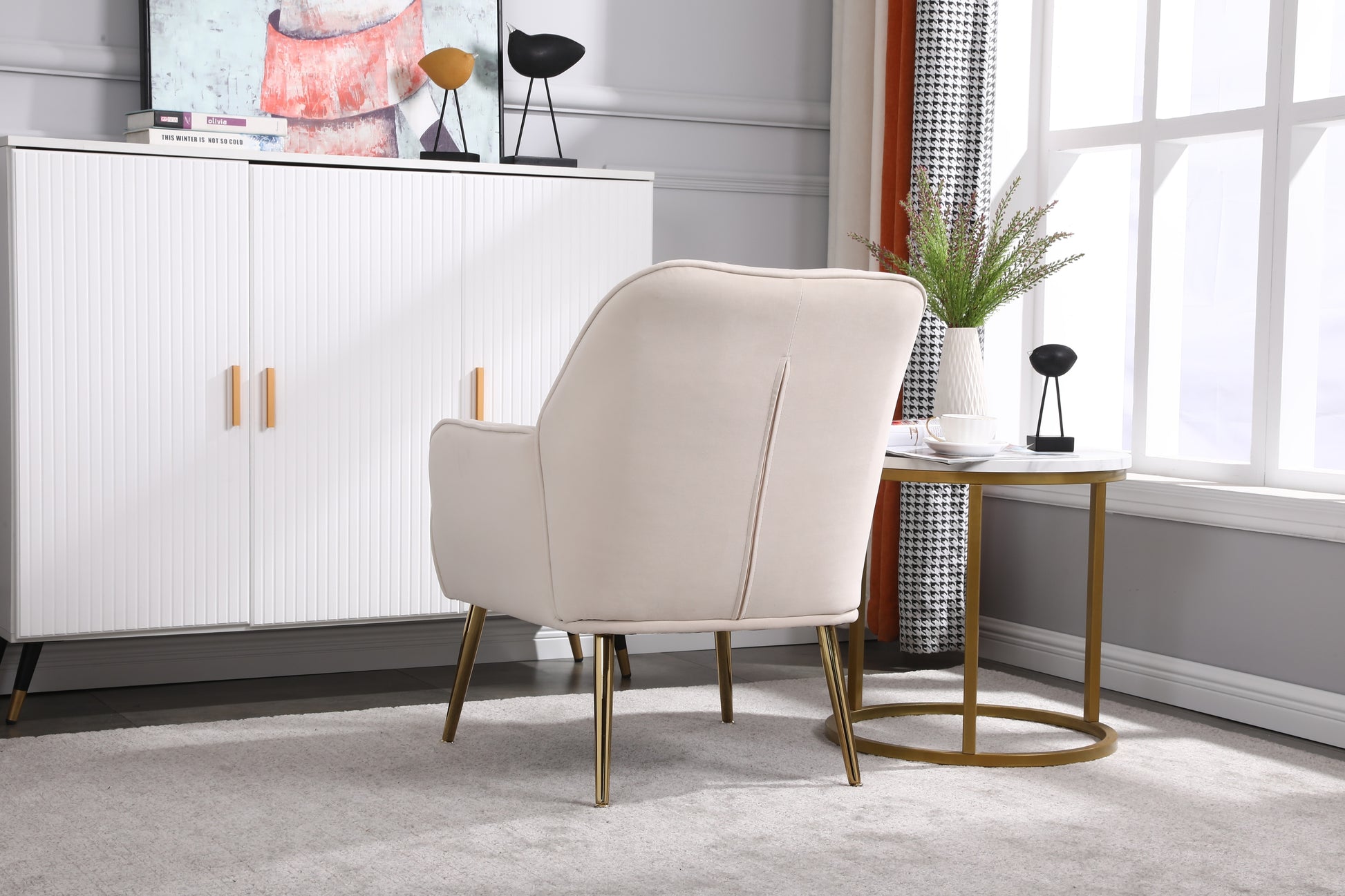 Modern Mid Century Chair velvet  Sherpa Armchair for Living Room Bedroom Office Easy Assemble(BEIGE) - Abrihome