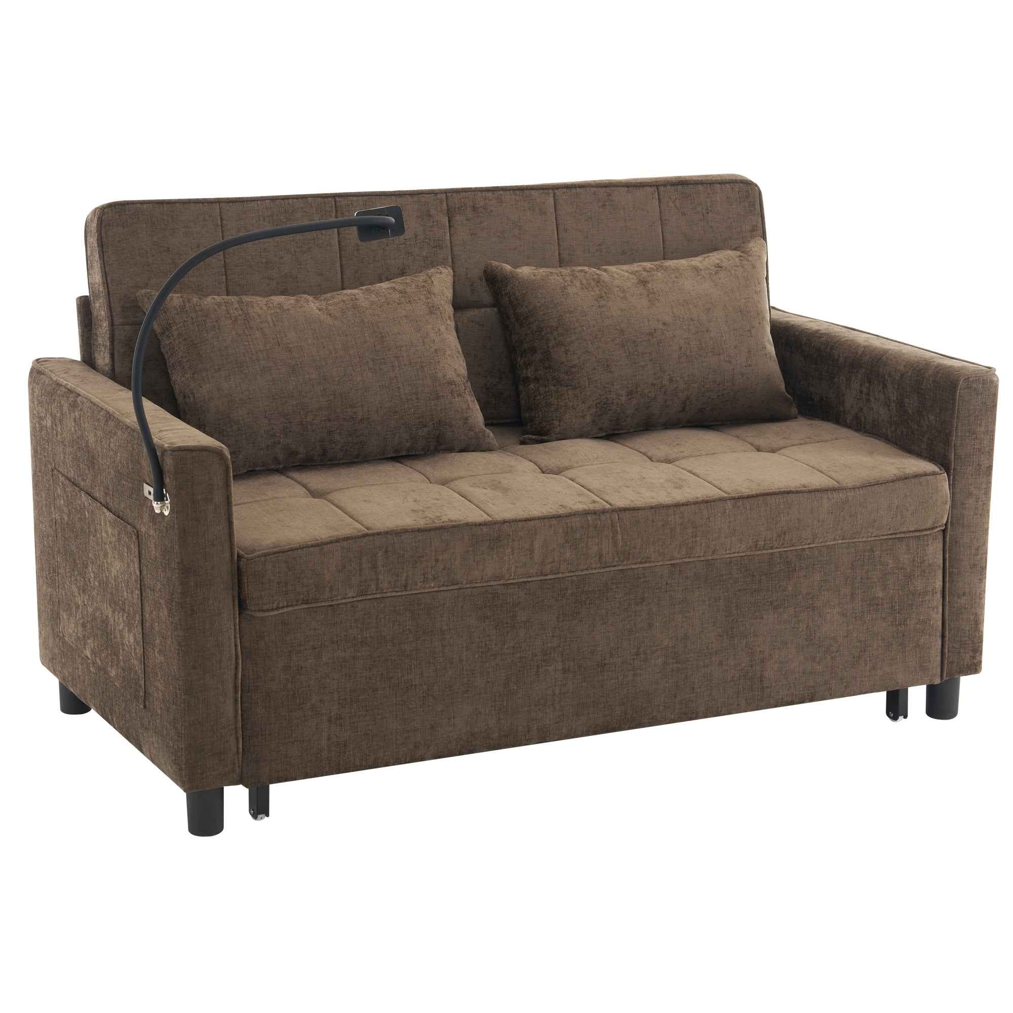 Contemporary 56.9' Loveseat Sofa Pull-out Bed with Reversible Cushion, USB Ports, Phone Holder, Side Pockets, Brown Chenille