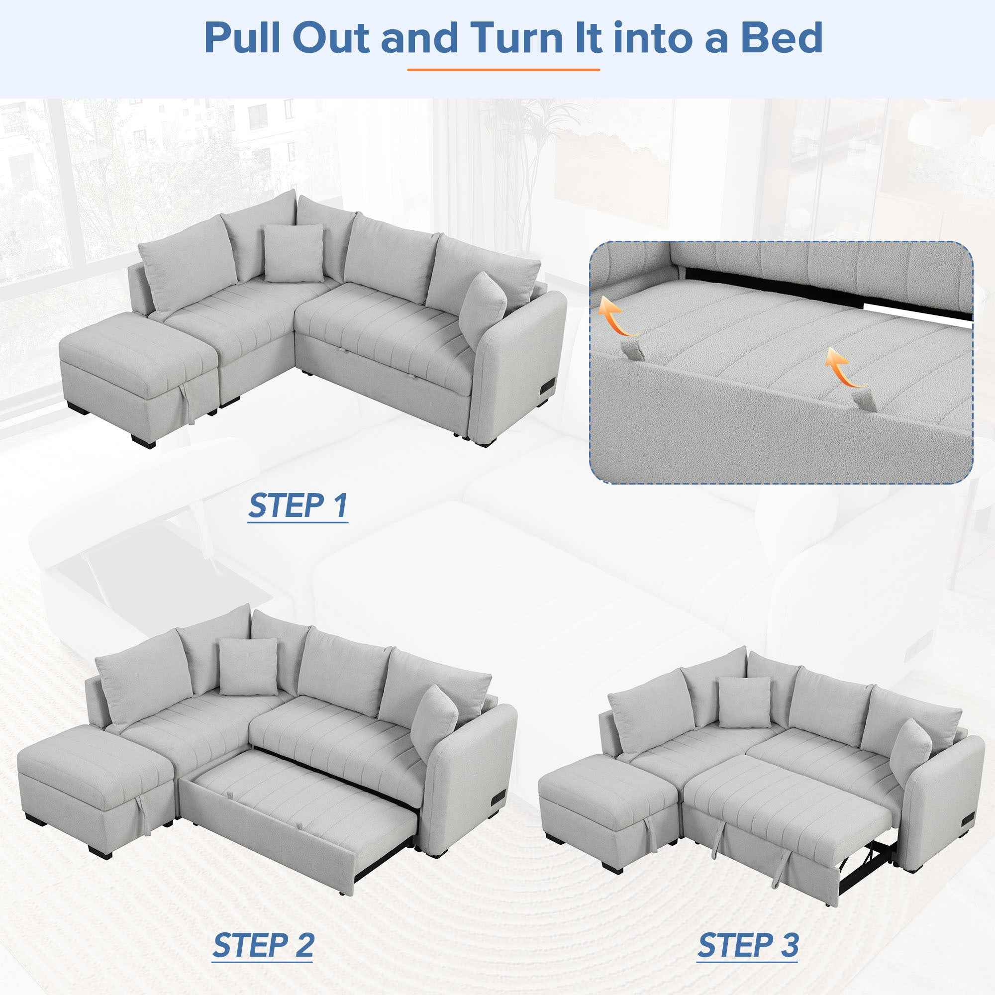 Modern L-shaped Sectional Pull Out Sofa Bed with USB Ports & Storage Ottoman, Gray Jacquard Fabric, 82.6'