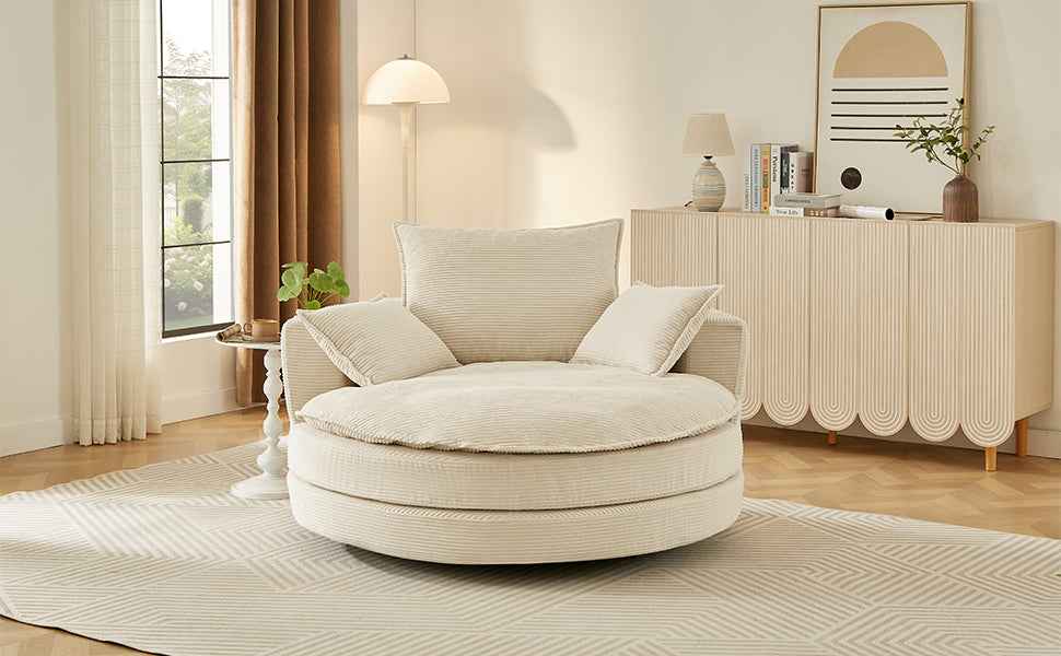 Accent Barrel Chair 360° Swivel Sofa Chair with Dual-layer Cushion and 3 Removable Pillows, Beige Corduroy, 57.5'