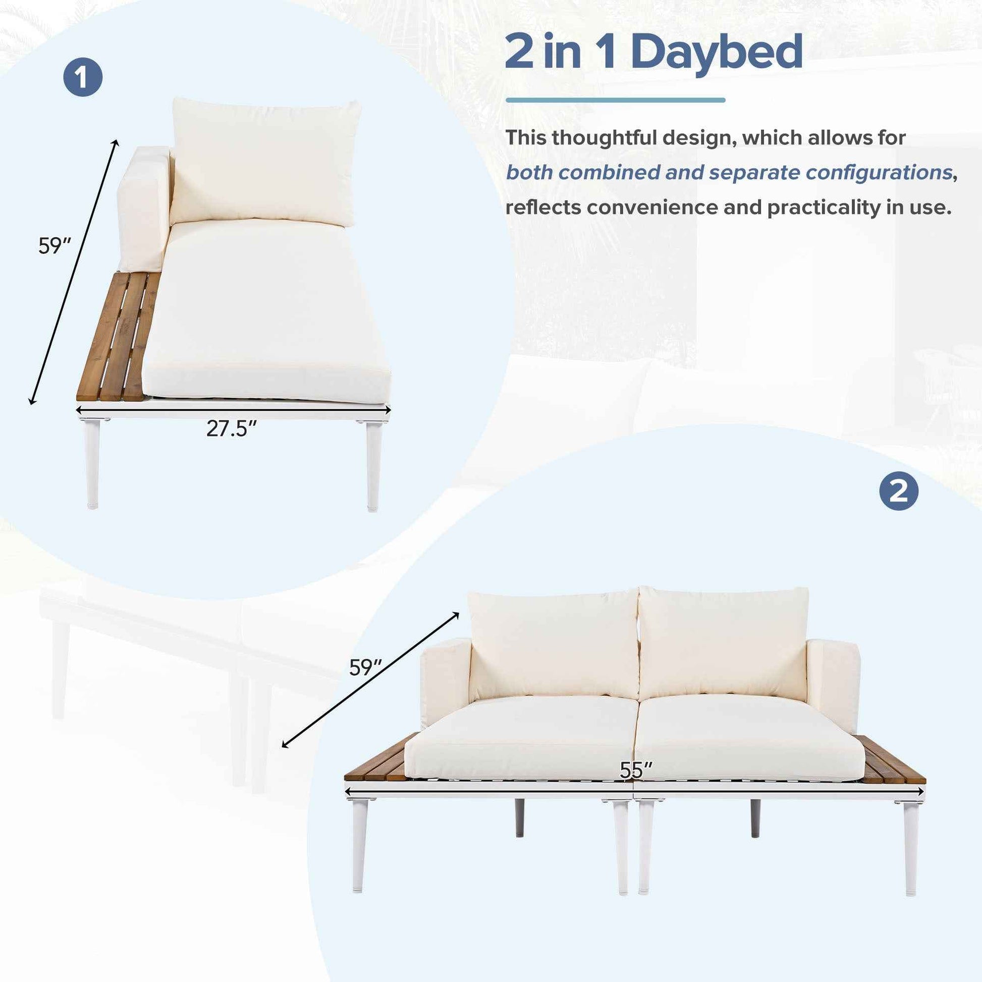 TOPMAX Modern Outdoor Daybed Patio Metal Daybed with Wood Topped Side Spaces for Drinks, 2 in 1 Padded Chaise Lounges for Poolside, Balcony, Deck, Beige