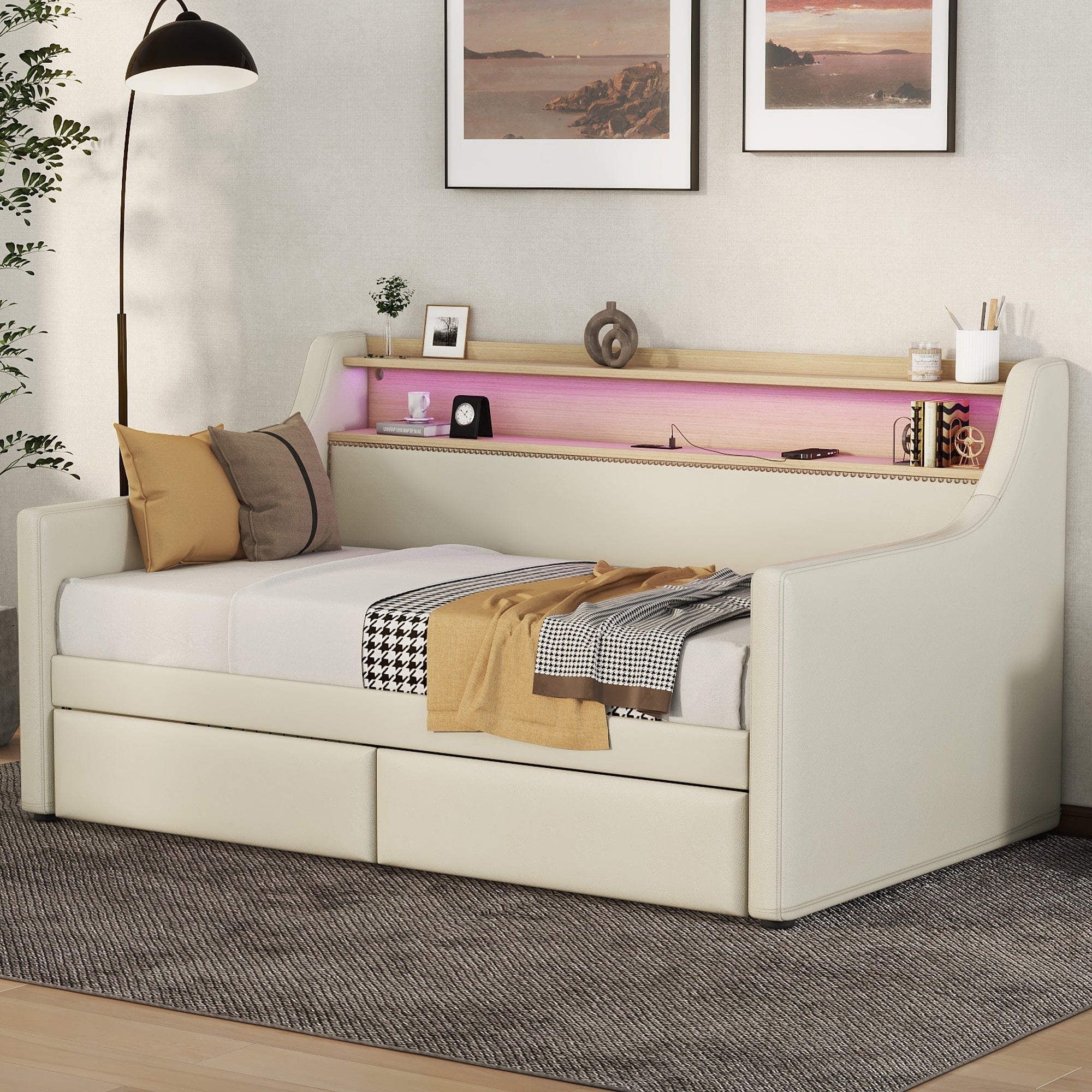 Twin Size Daybed with Storage Drawers, Upholstered Daybed with Charging Station and LED Lights, Beige (Old Item W1580S00022)