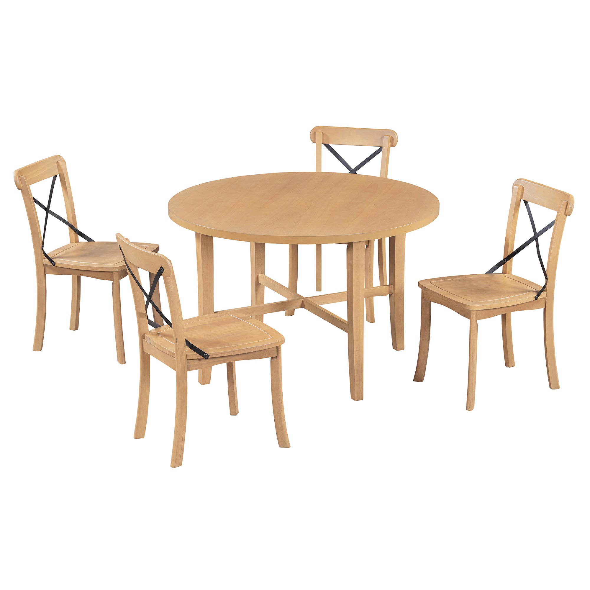 TREXM 5-piece Dining Set, Retro Simple Round Table and 4 Chairs with X-shaped Backrest for Kitchen, Dining Room and Living Room (Natural)