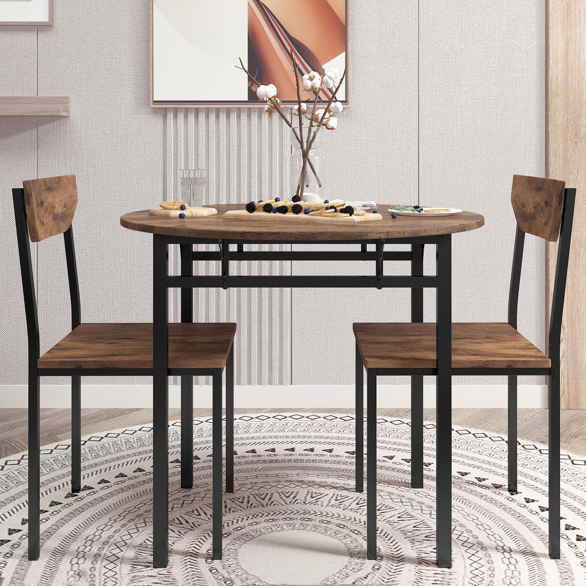 TOPMAX Modern 3-Piece Round Dining Table Set with Drop Leaf and 2 Chairs for Small Places,Black Frame+Rustic Brown Finish