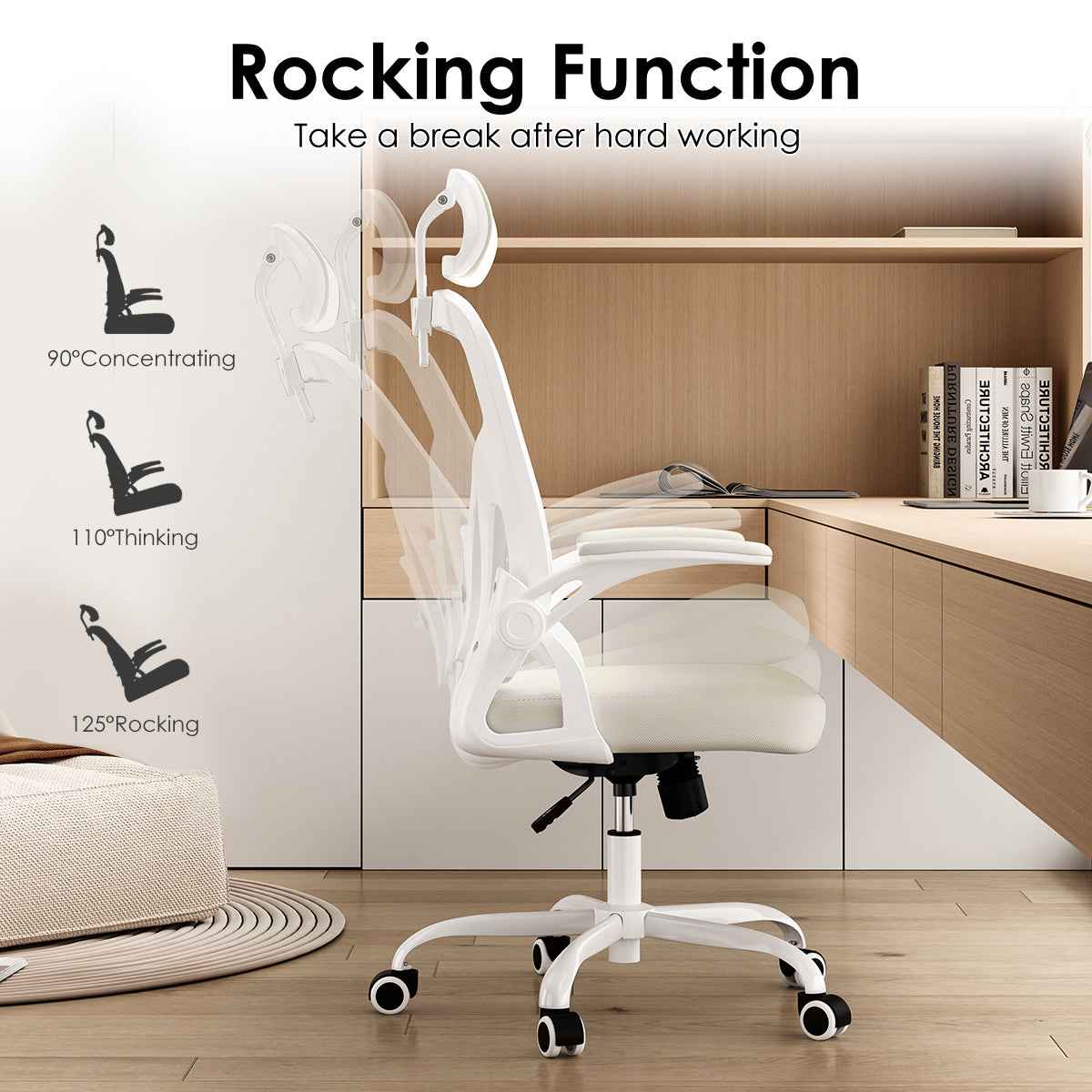 Ergonomic Office Chair, Home Office Desk Chair with Headrest, High Back Computer Chair with Armrests and Adjustable Lumbar Support for Home Office Study Room,White & White