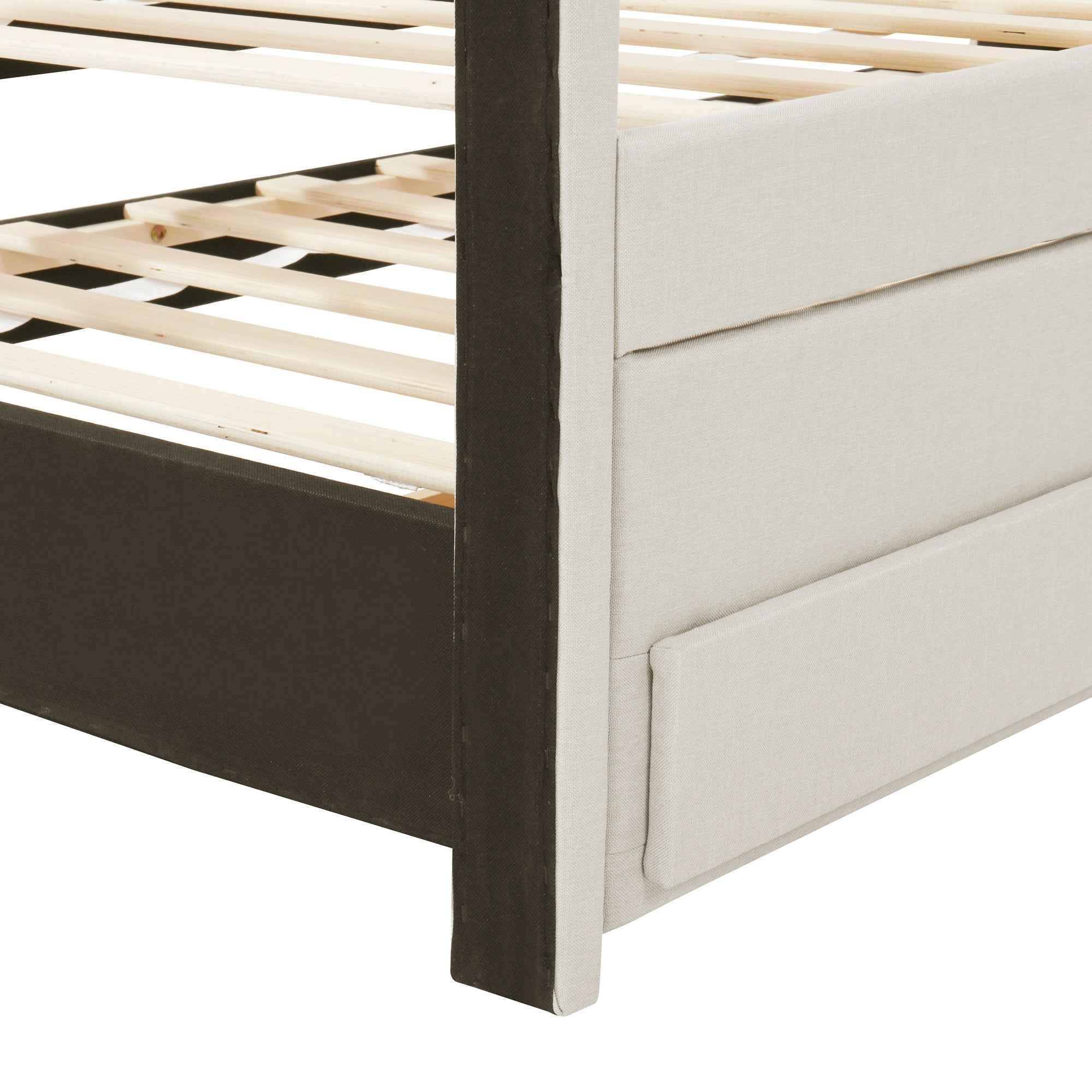 Full Size Upholstered Platform Bed with Twin Size Trundle and 3 Drawers, Linen Fabric, Beige