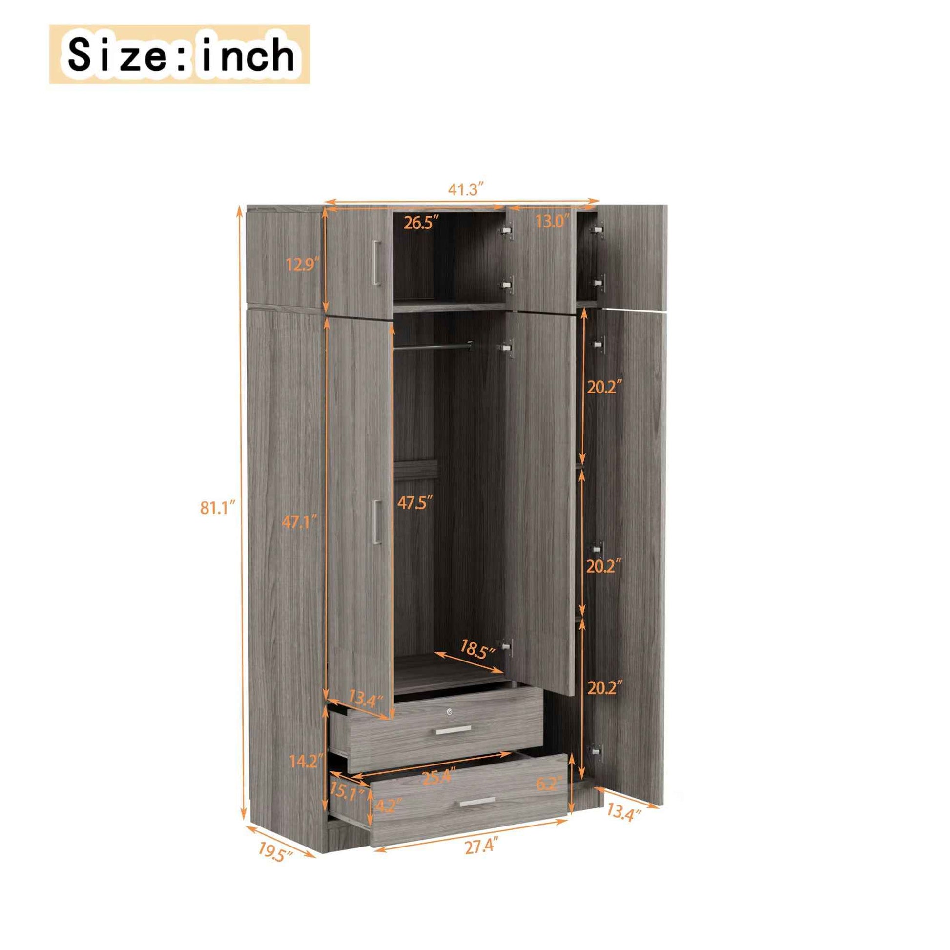3-Door Mirror  Wardrobe with 2 Drawers and Top Cabinet,Gray