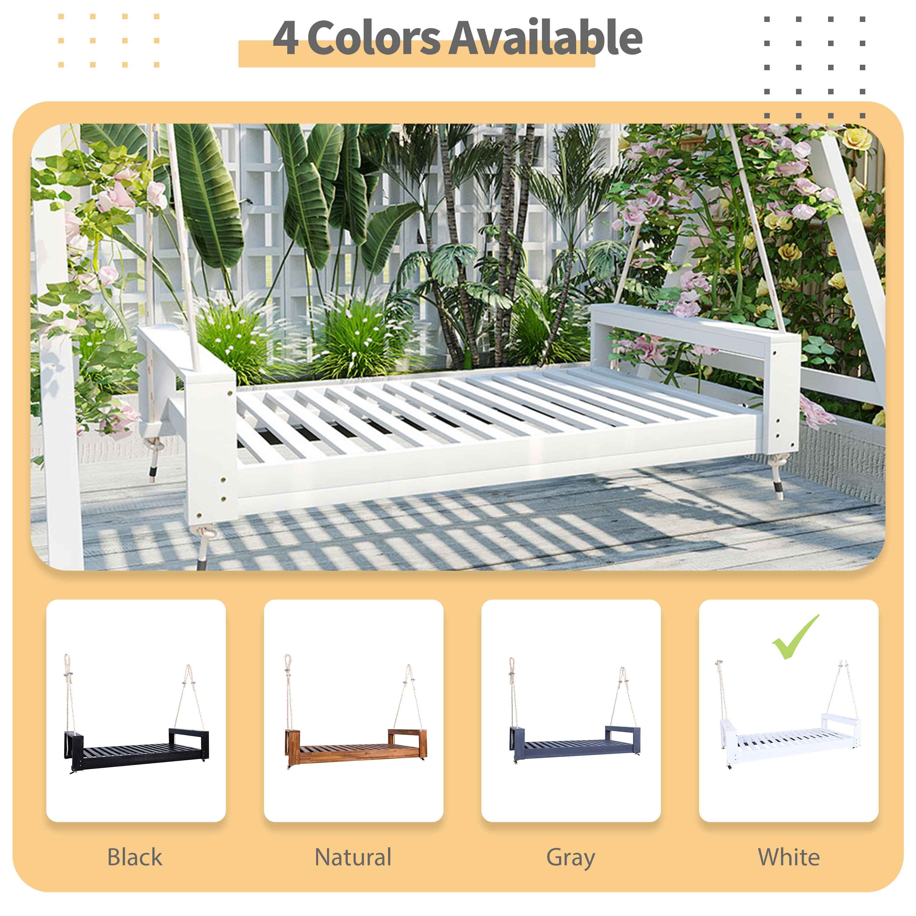 TOPMAX Twin Size Porch Swing Bed Seating Group, Patio Acacia Wood Swing Frame with Hemp Ropes for Garden, Backyard, White