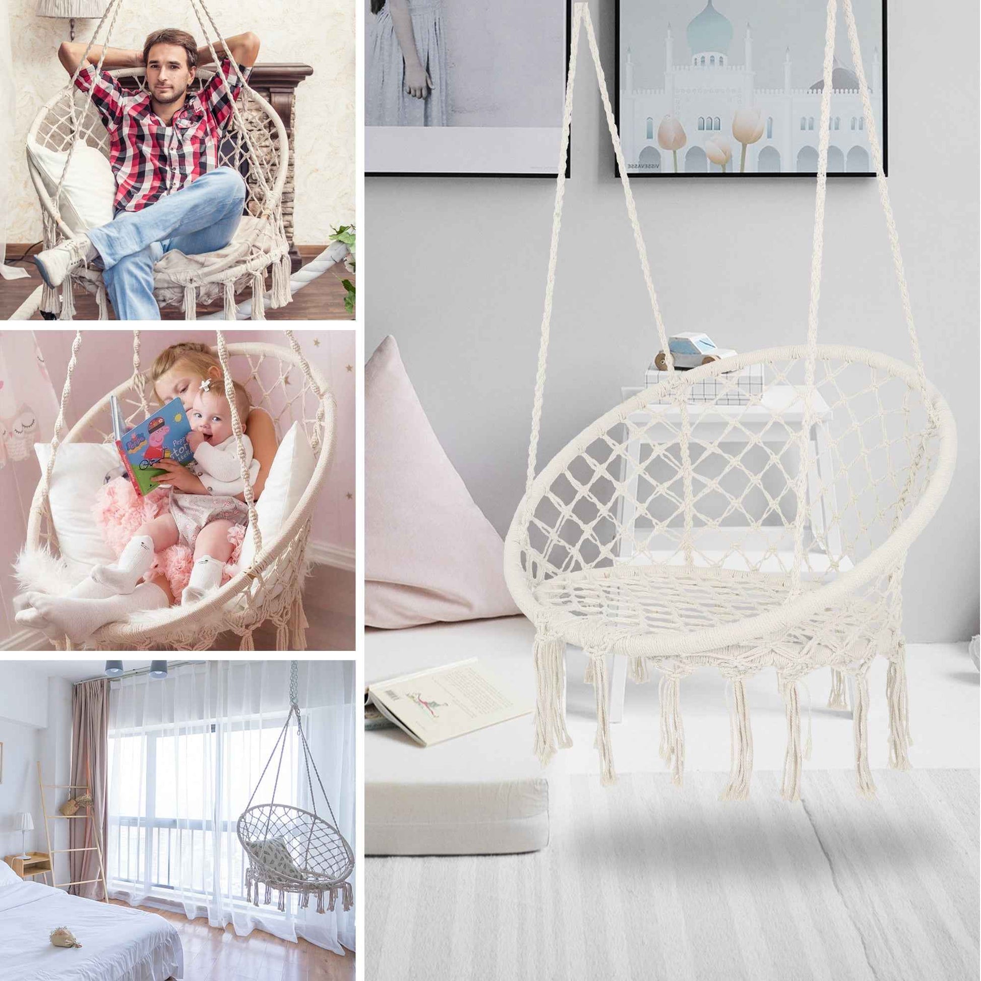 Macrame Hanging Hammock Chair, Cotton Rope Swing for Indoor and Outdoor Use, 330 lbs Capacity