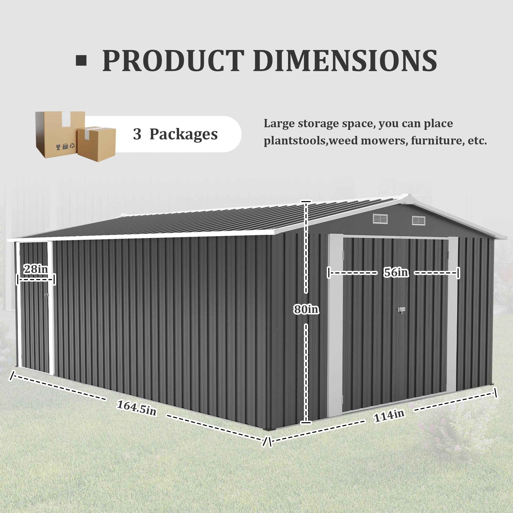 Campcraft  Outdoor Storage Shed 10×14 FT with 3 Lockable Doors,4 Air Vents & Sloped Roof,Utility Tool Shed Metal Storage Garden Sheds  Frame and 4 Vents,for Backyard,Patio,Lawn,dark Grey