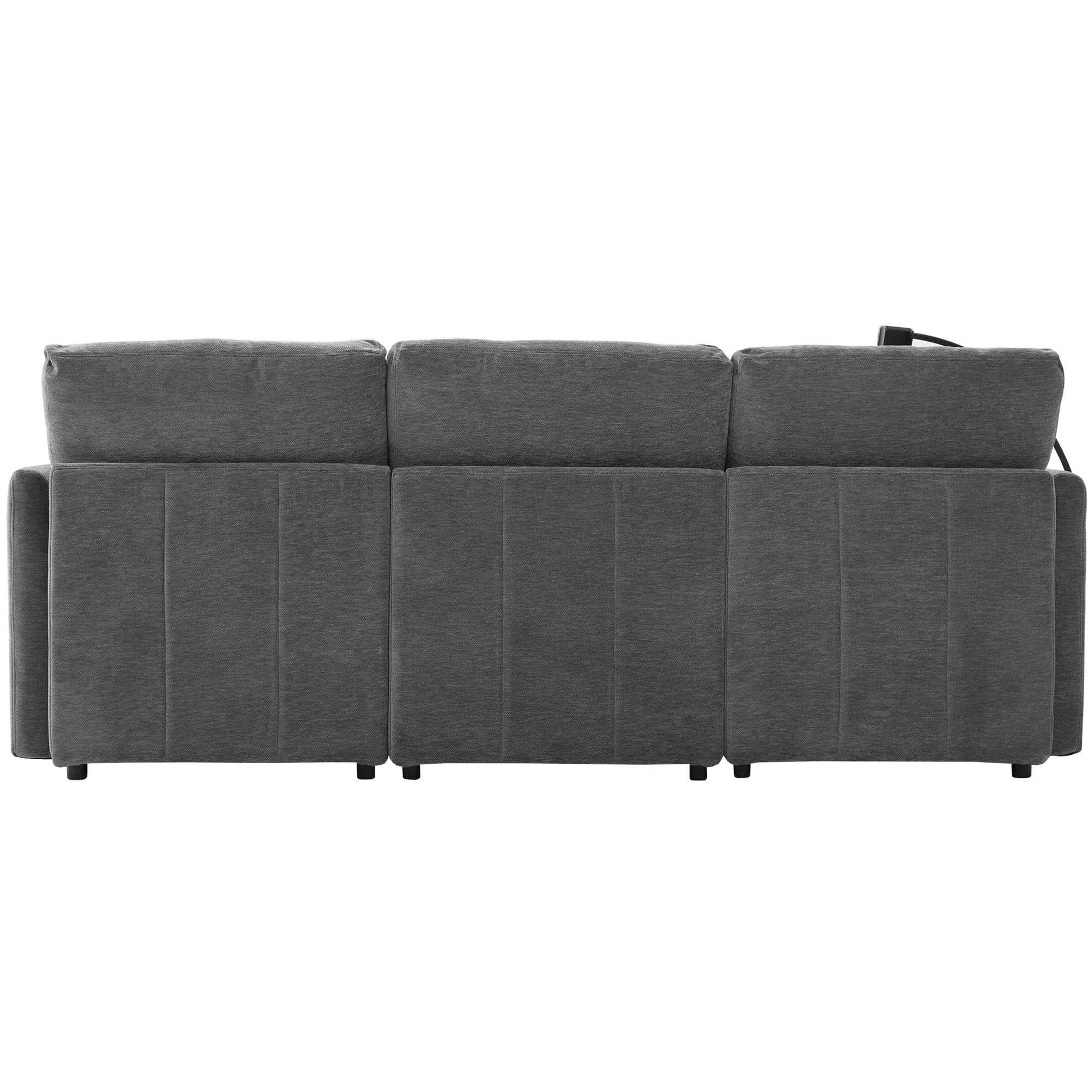Modern Sectional Sofa Modular Sofa with Movable Ottoman, USB Ports & Phone Holder, Grey Chenille, 85.4'