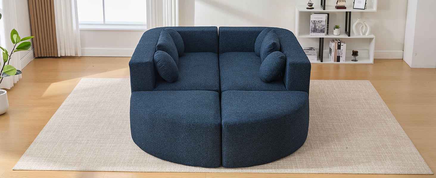 Boneless Couch Modular Sectional Sofa with Deep Seating and Curved Design in Blue Boucle, 114.9 Inches