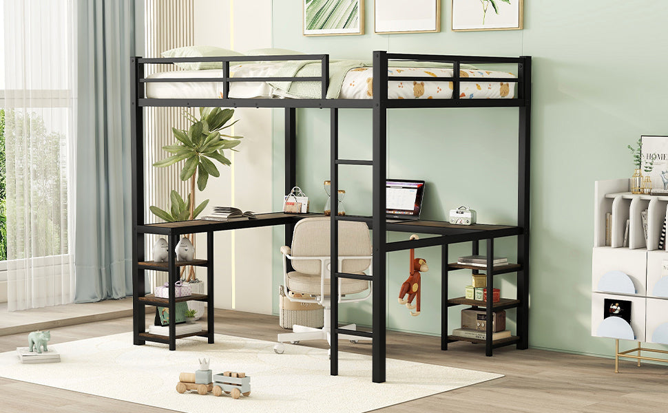 Full Metal Loft Bed with Desk and Shelves, Loft Bed with Ladder and Guardrails, Loft Bed Frame for Bedroom, Black (Old SKU: W1307S00018)