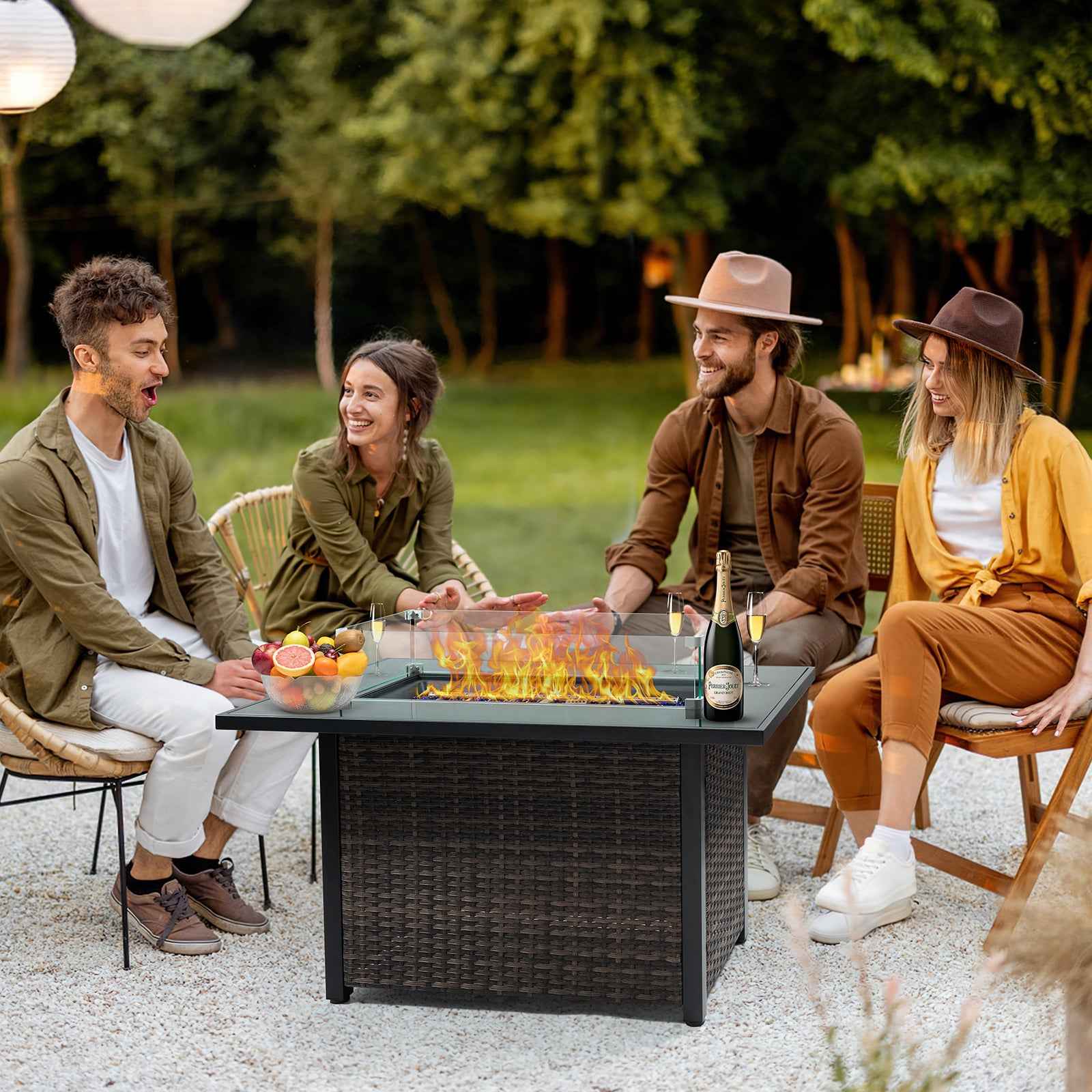 Outdoor Fire Pit 50,000 BTU Propane Gas Fire Table with Lid Fireplace with Glass Wind Guard Wicker Base for Garden, Patio, Backyard, 44'